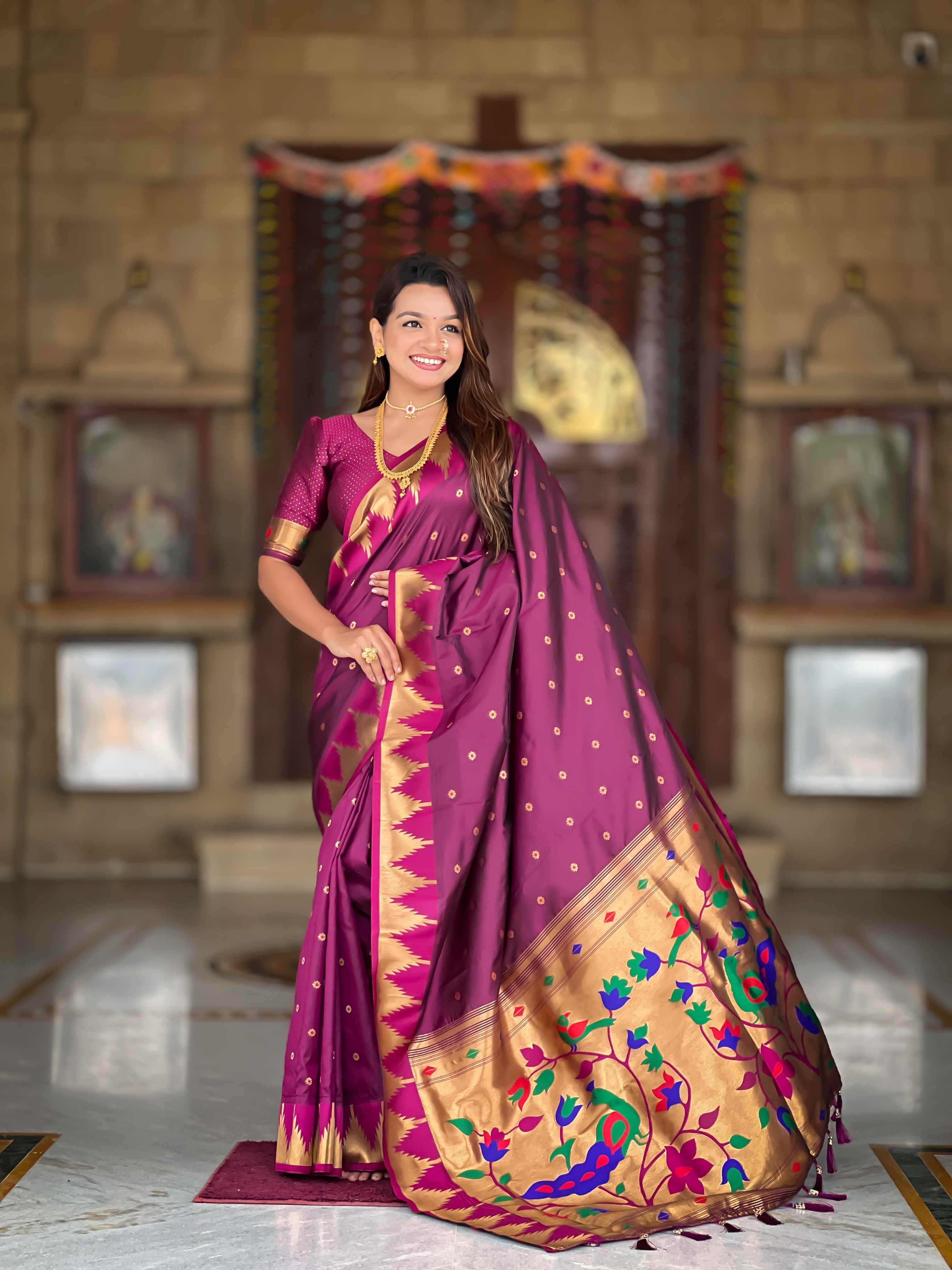 Wine Paithani Silk Saree with Meenakari Rich Pallu & Temple Weaving Border