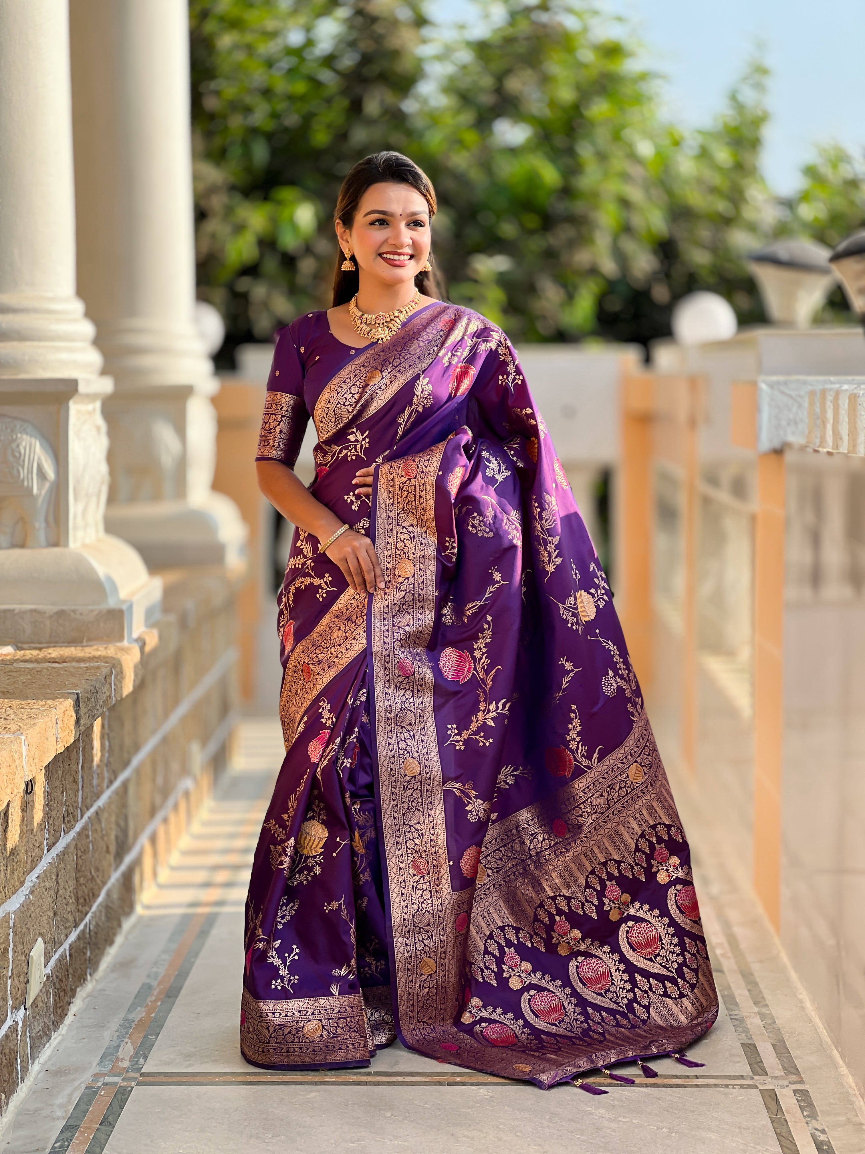 Wine Designer Banarasi Silk Saree for Women –  Woven Floral Saree with Blouse (Copy)