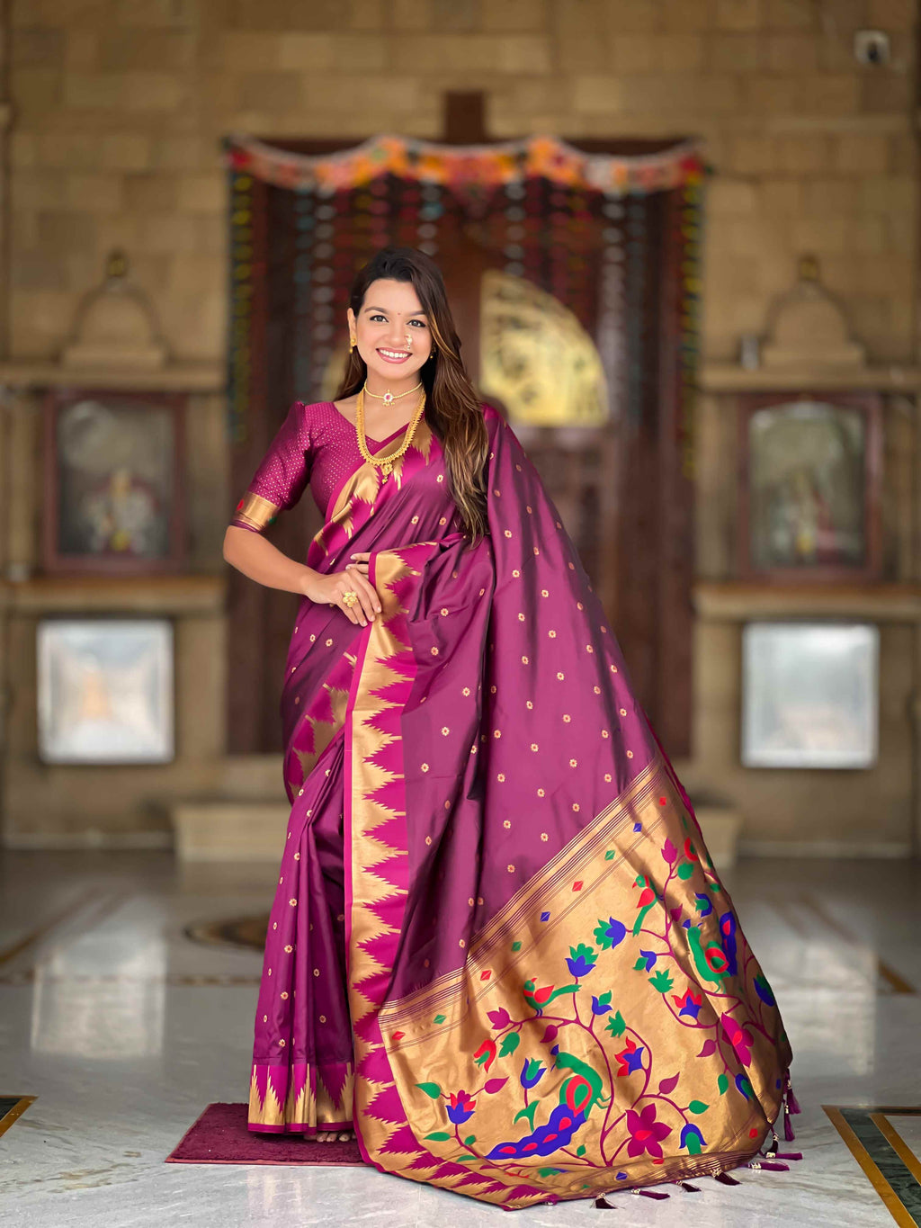 Wine Paithani Silk Saree with Meenakari Rich Pallu & Temple Weaving Border