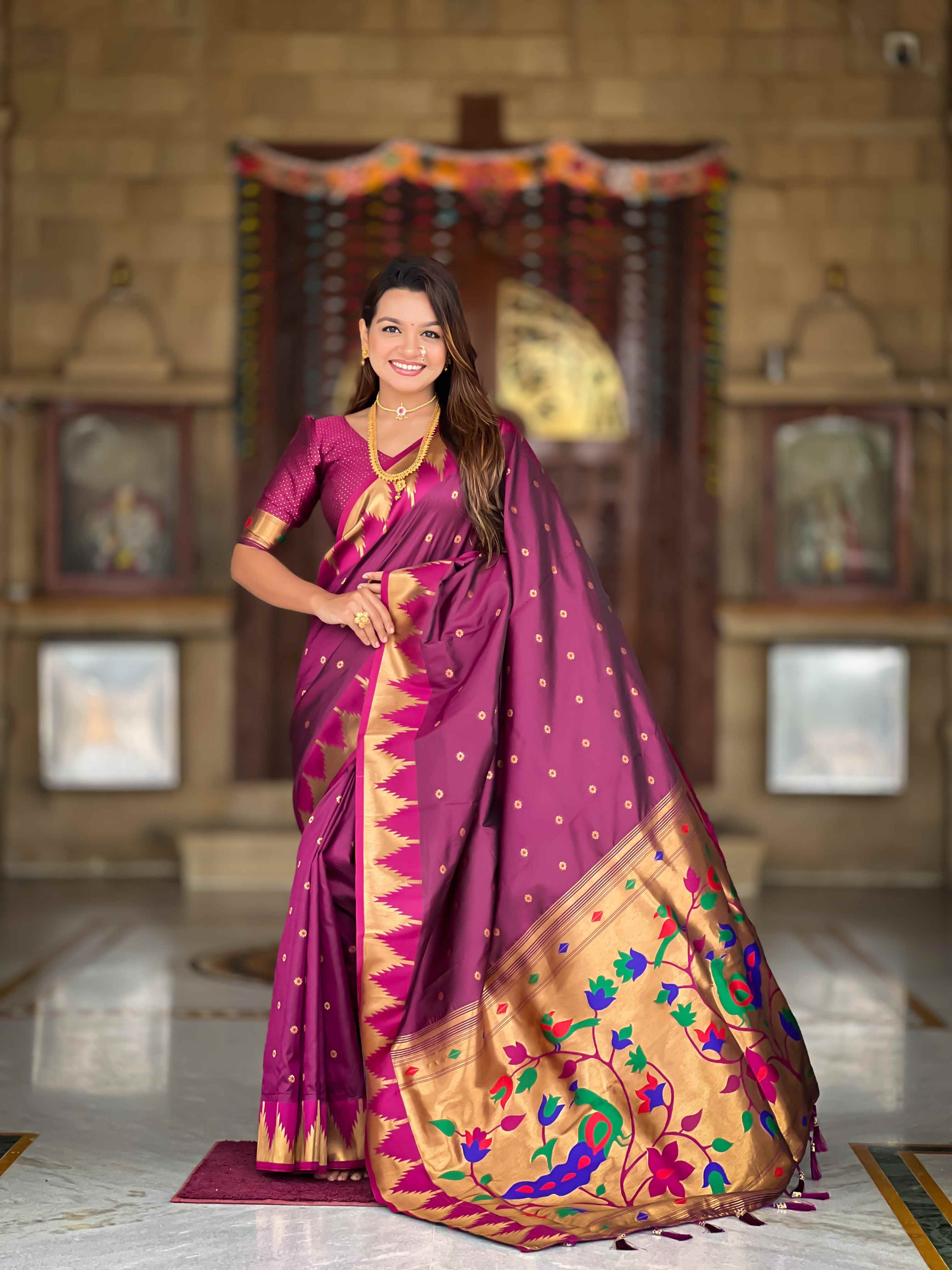 Wine Paithani Silk Saree with Meenakari Rich Pallu & Temple Weaving Border