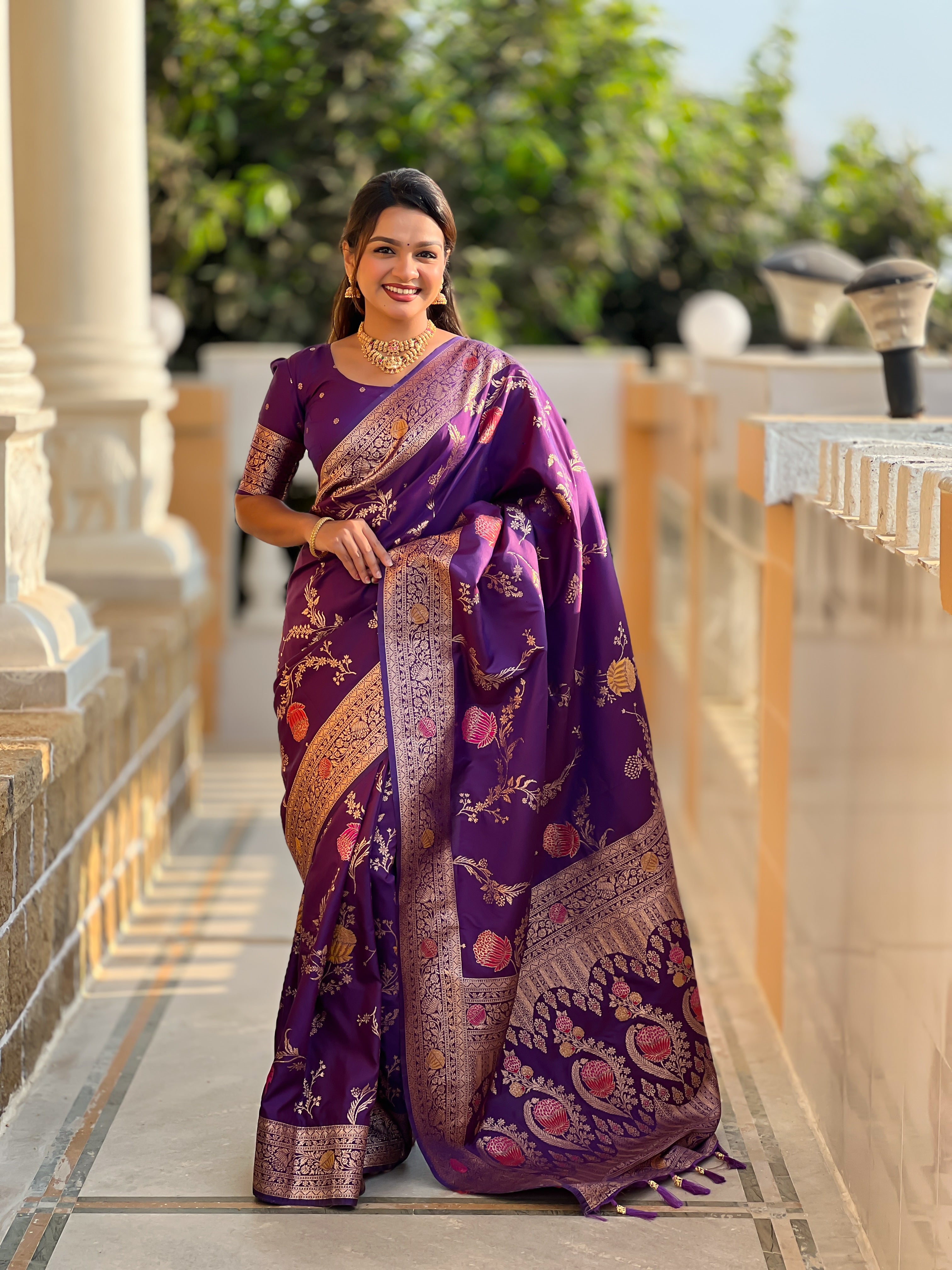 Wine Designer Banarasi Silk Saree for Women –  Woven Floral Saree with Blouse (Copy)