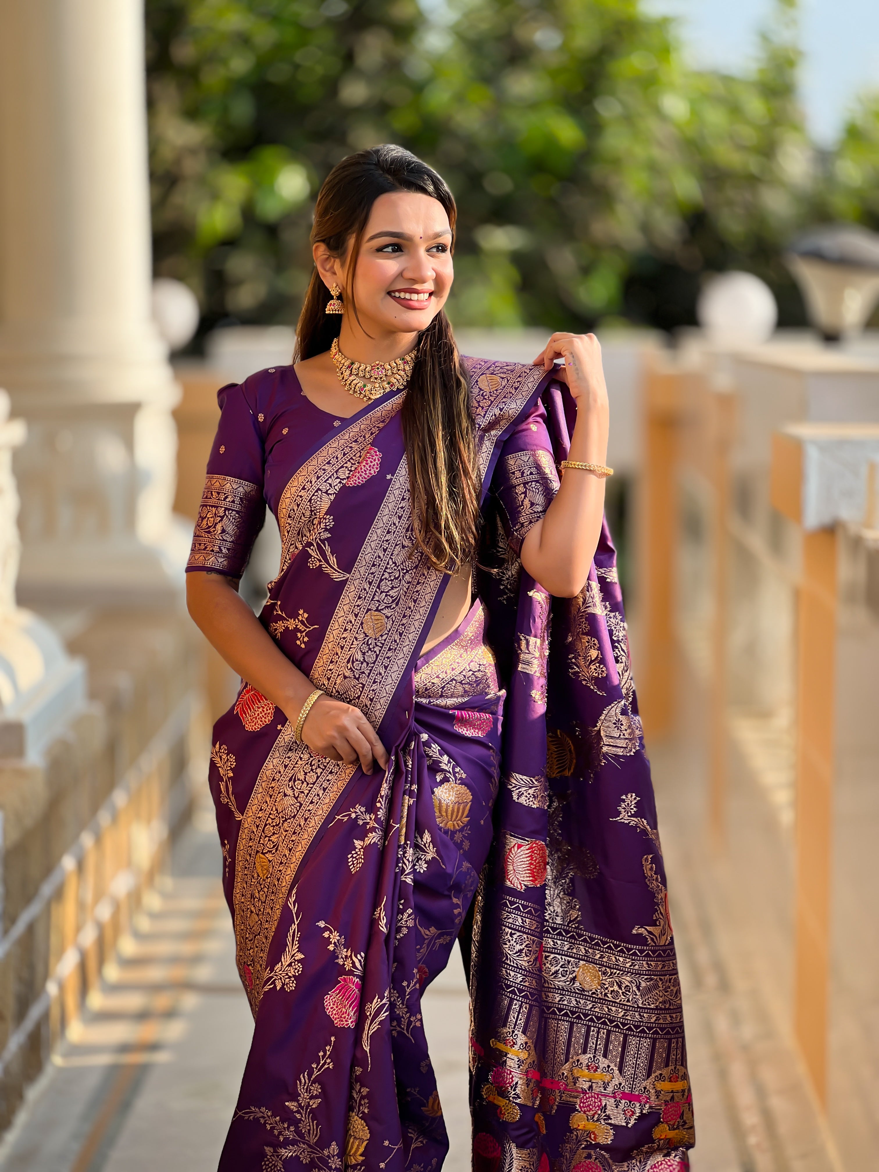 Wine Designer Banarasi Silk Saree for Women –  Woven Floral Saree with Blouse (Copy)