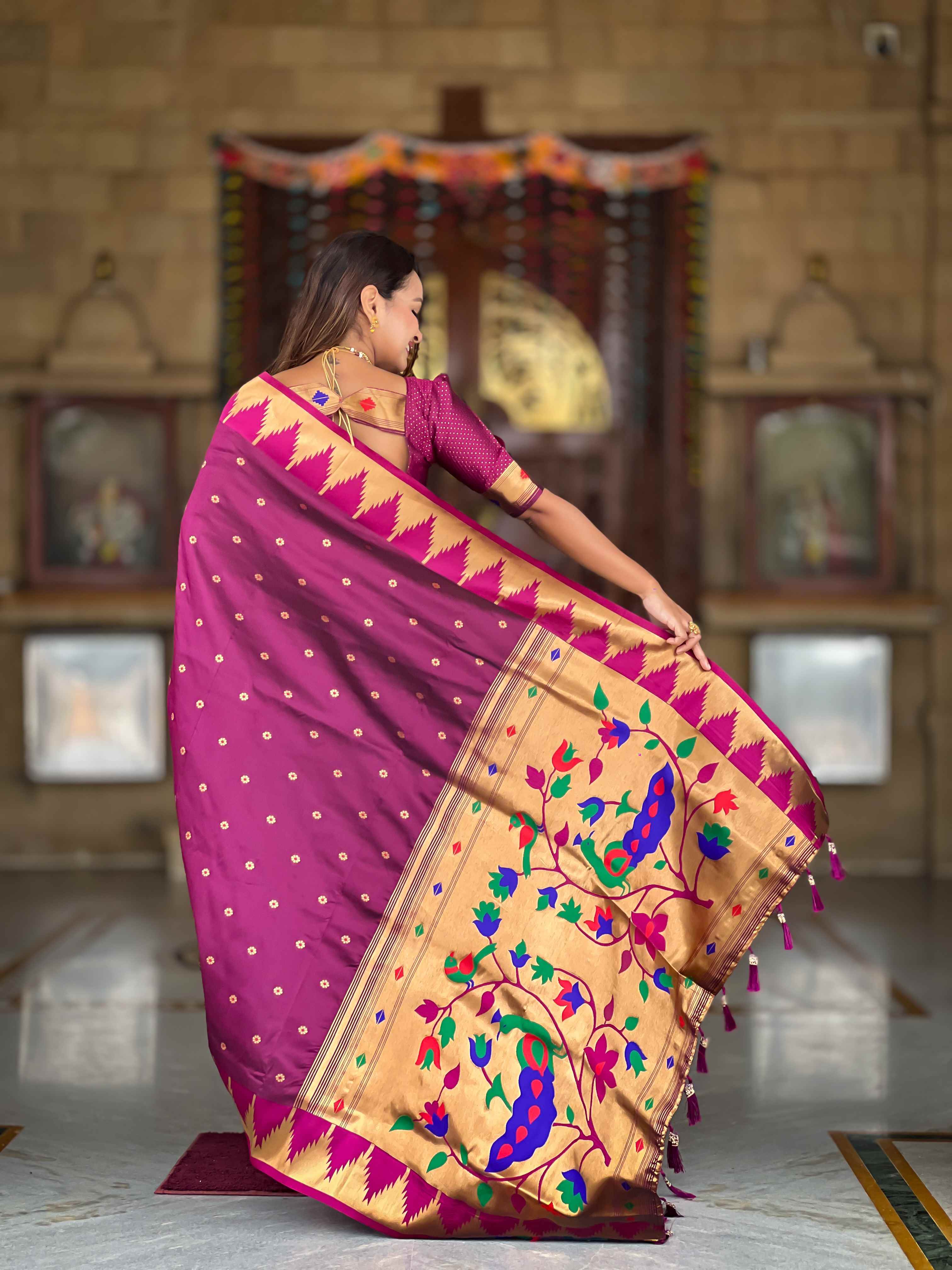 Wine Paithani Silk Saree with Meenakari Rich Pallu & Temple Weaving Border
