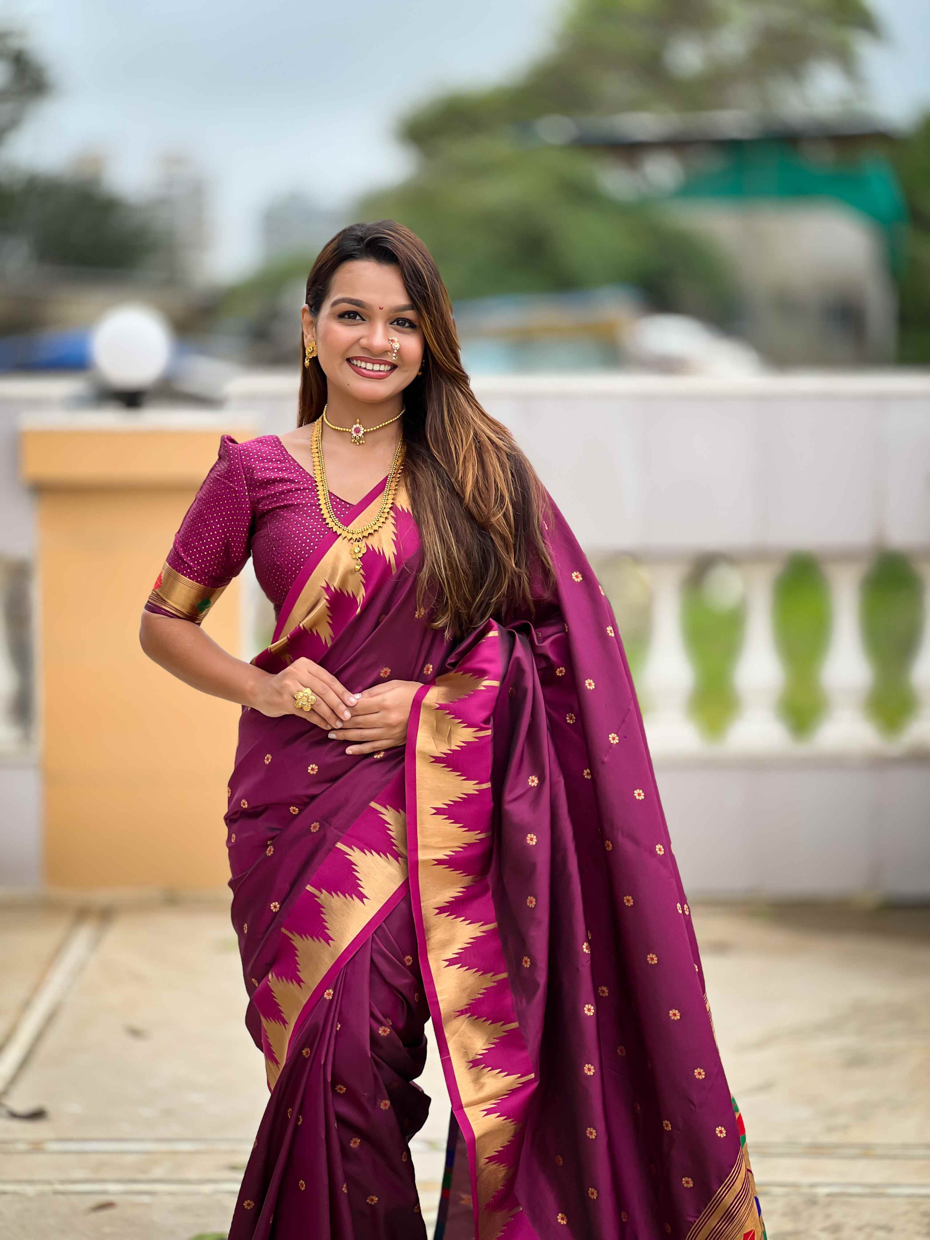 Wine Paithani Silk Saree with Meenakari Rich Pallu & Temple Weaving Border