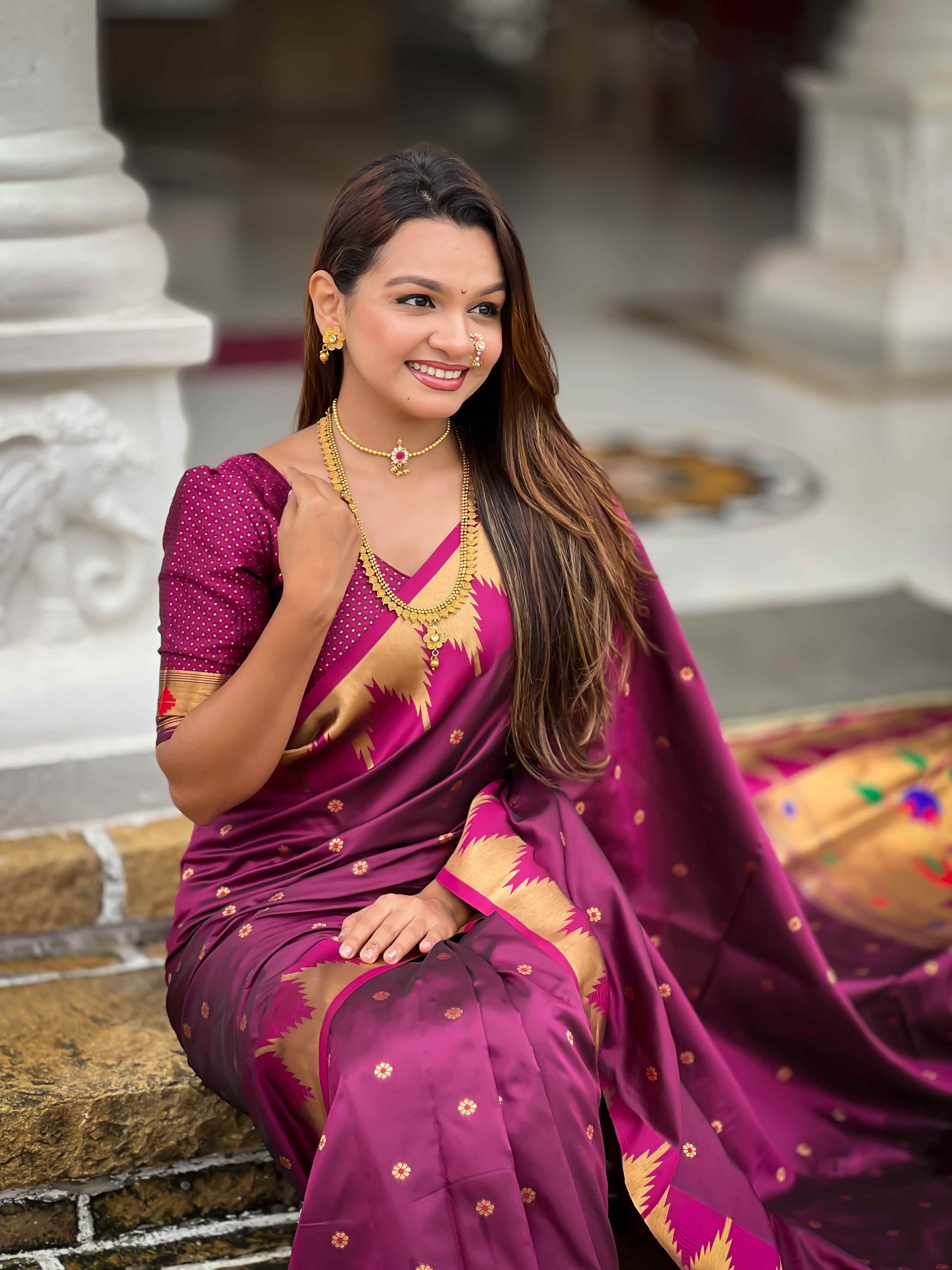 Wine Paithani Silk Saree with Meenakari Rich Pallu & Temple Weaving Border