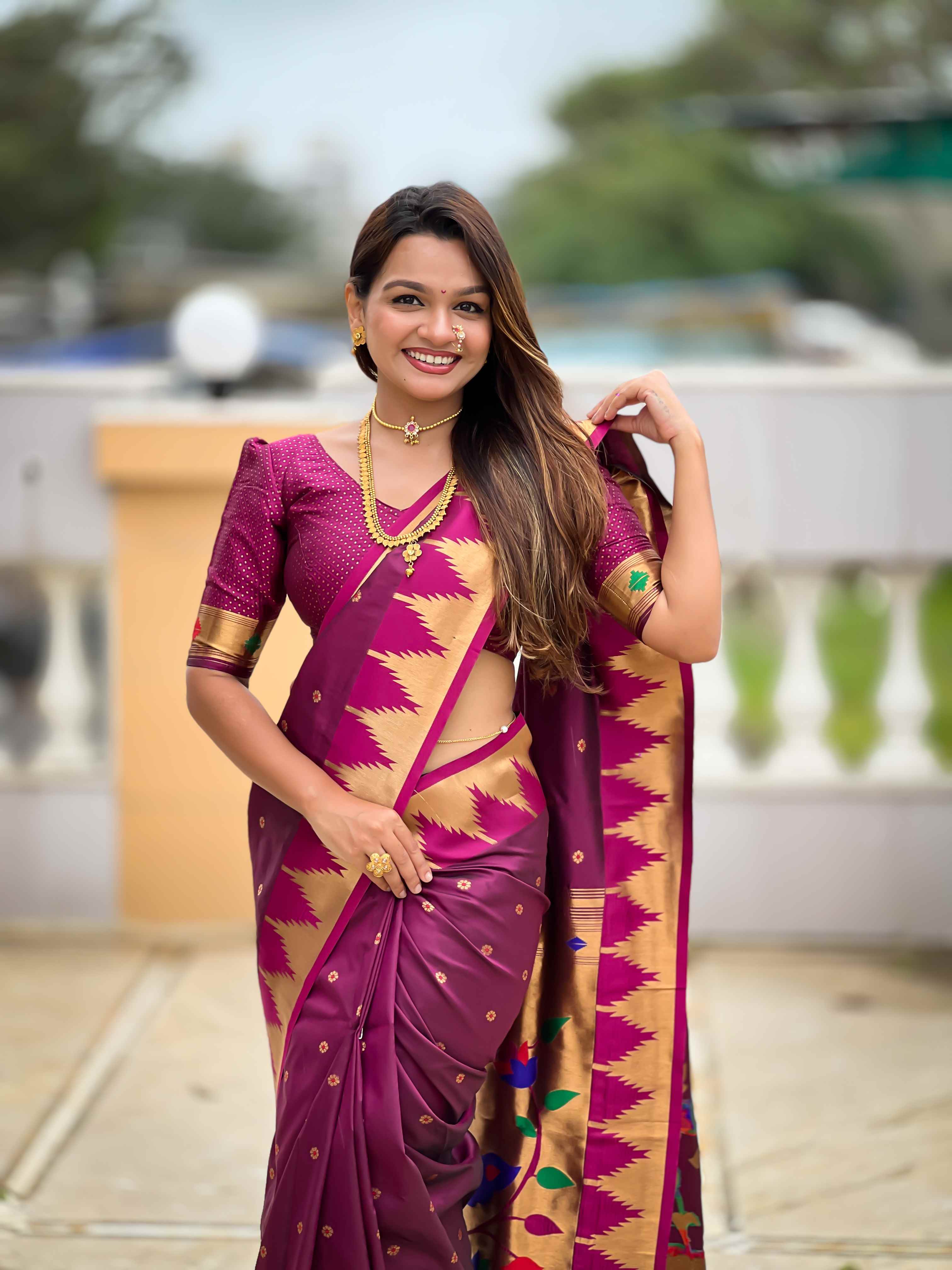 Wine Paithani Silk Saree with Meenakari Rich Pallu & Temple Weaving Border