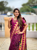 Wine Paithani Silk Saree with Meenakari Rich Pallu & Temple Weaving Border