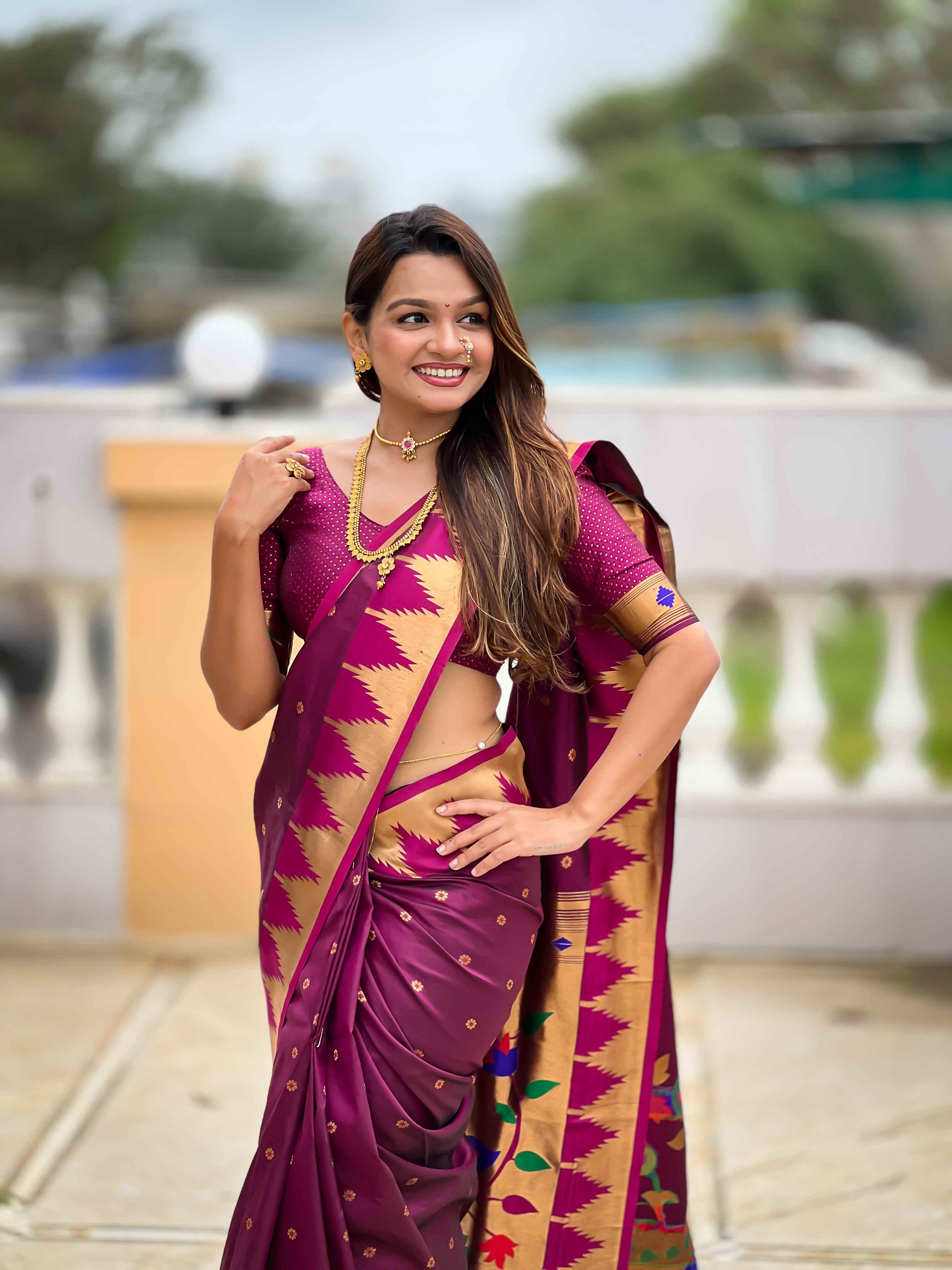 Wine Paithani Silk Saree with Meenakari Rich Pallu & Temple Weaving Border