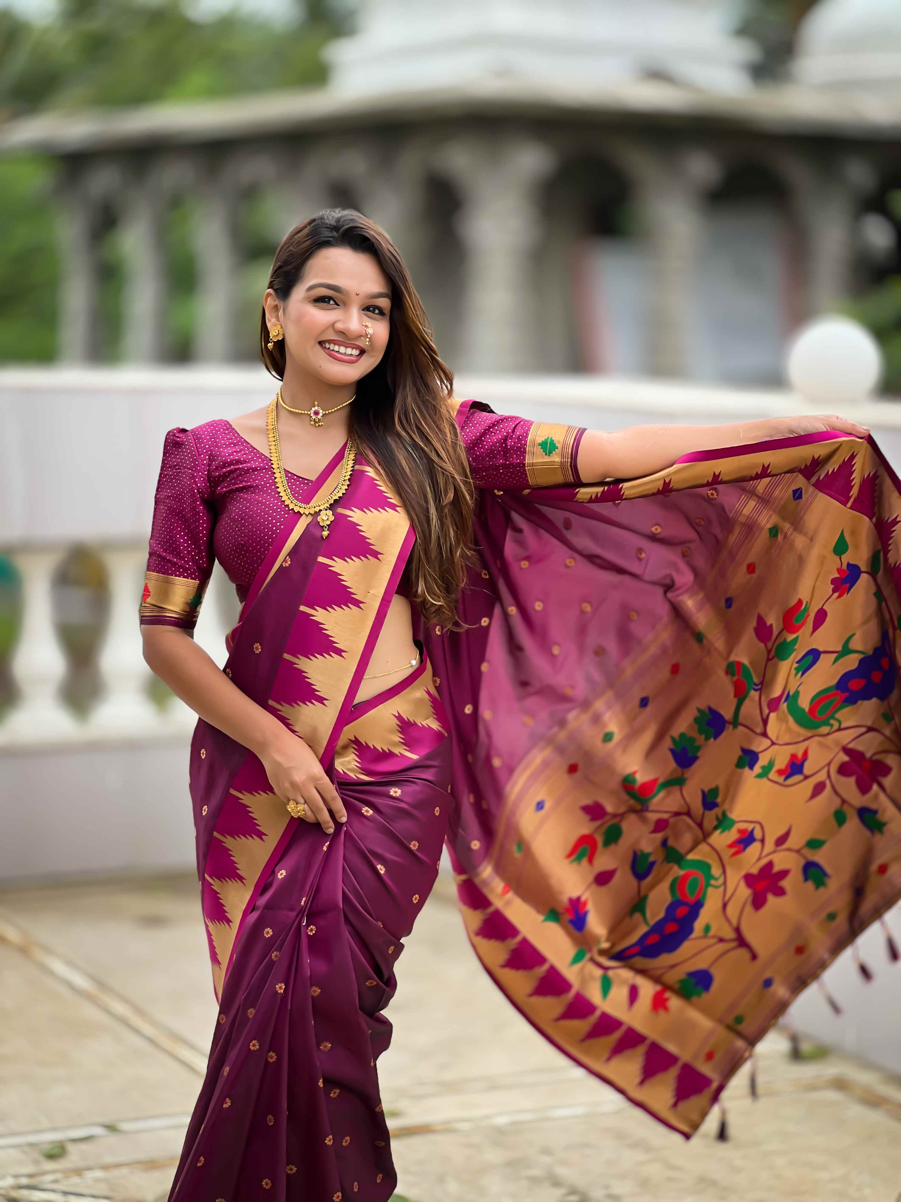 Wine Paithani Silk Saree with Meenakari Rich Pallu & Temple Weaving Border