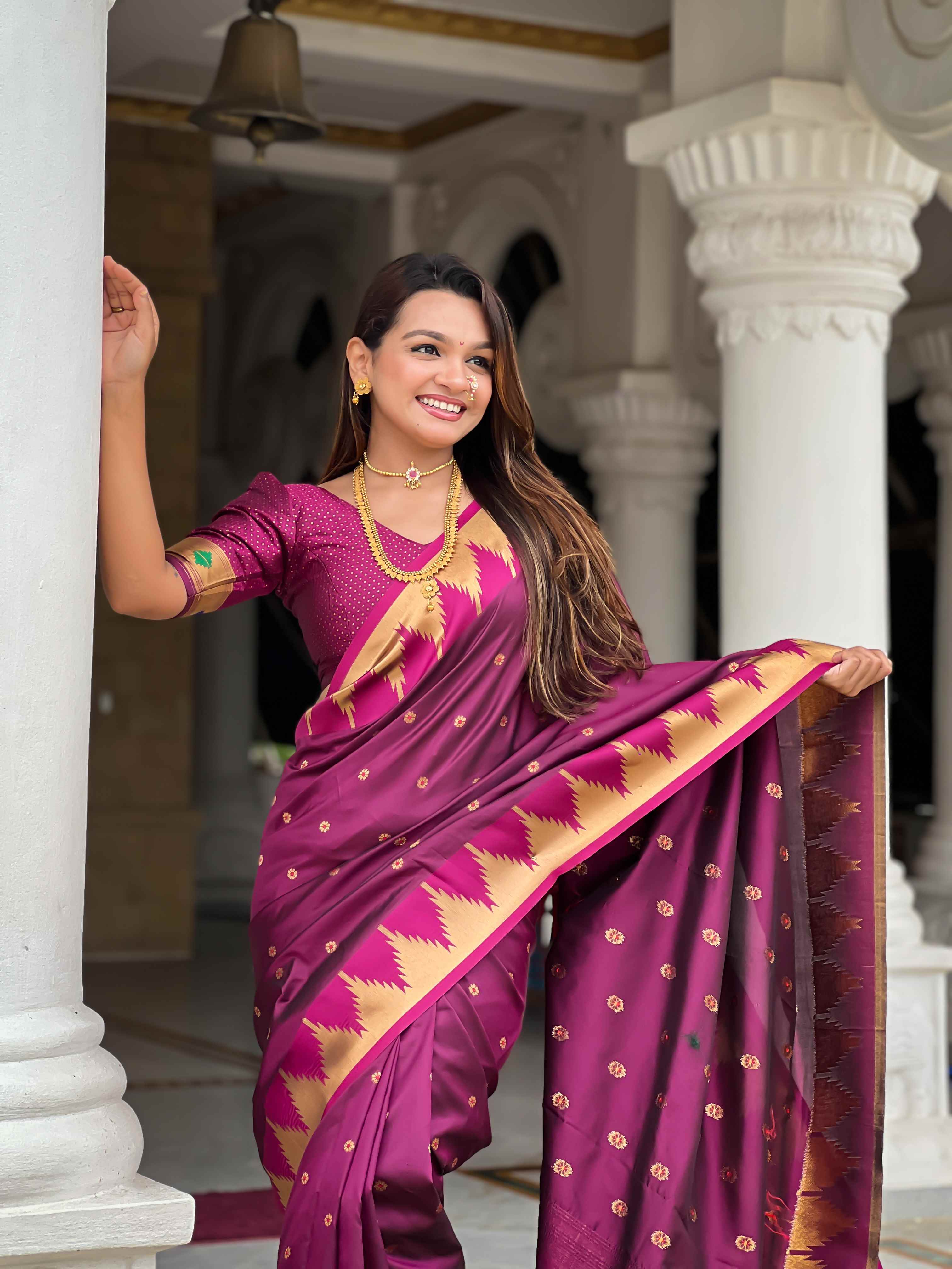Wine Paithani Silk Saree with Meenakari Rich Pallu & Temple Weaving Border