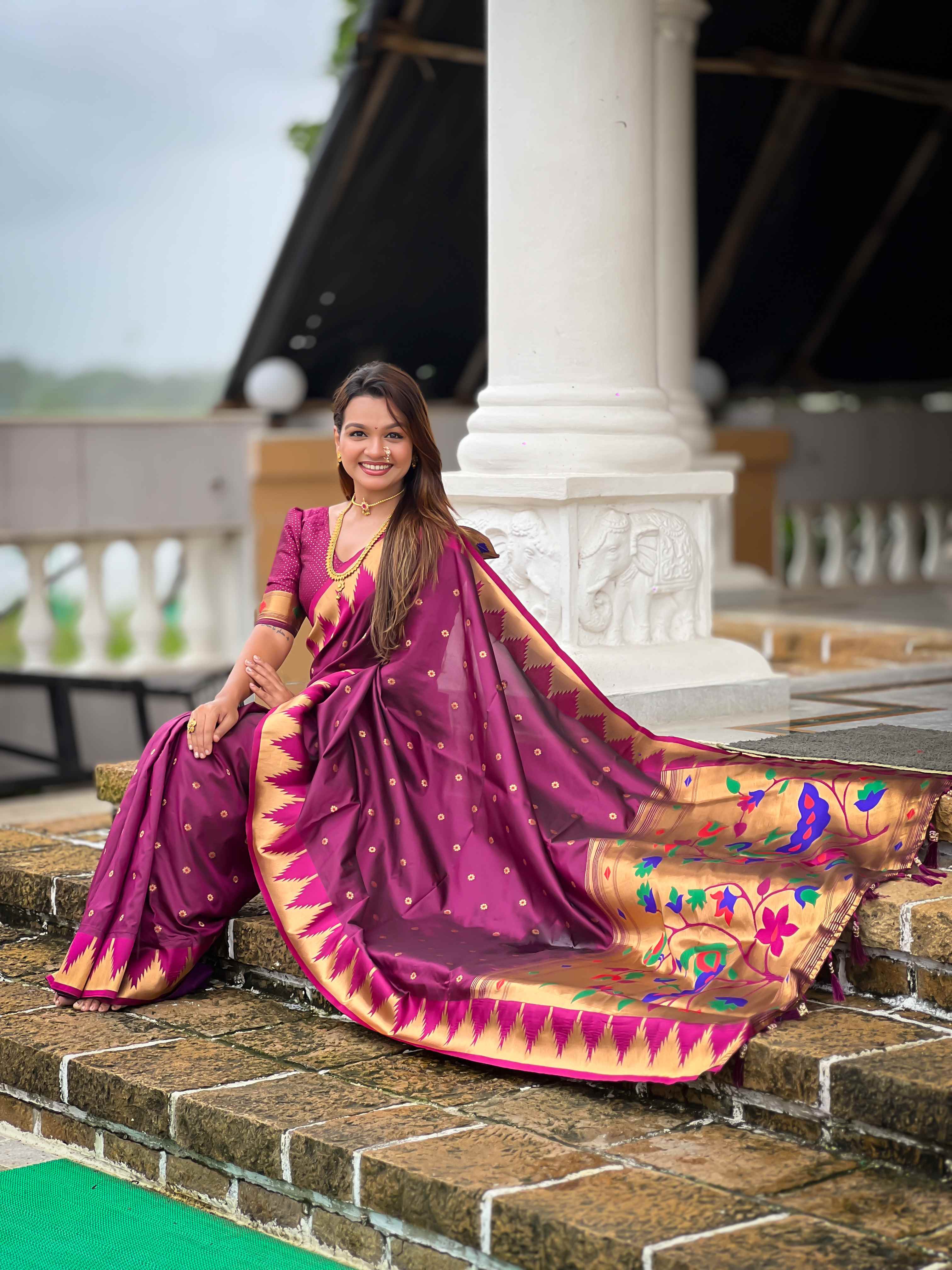 Wine Paithani Silk Saree with Meenakari Rich Pallu & Temple Weaving Border