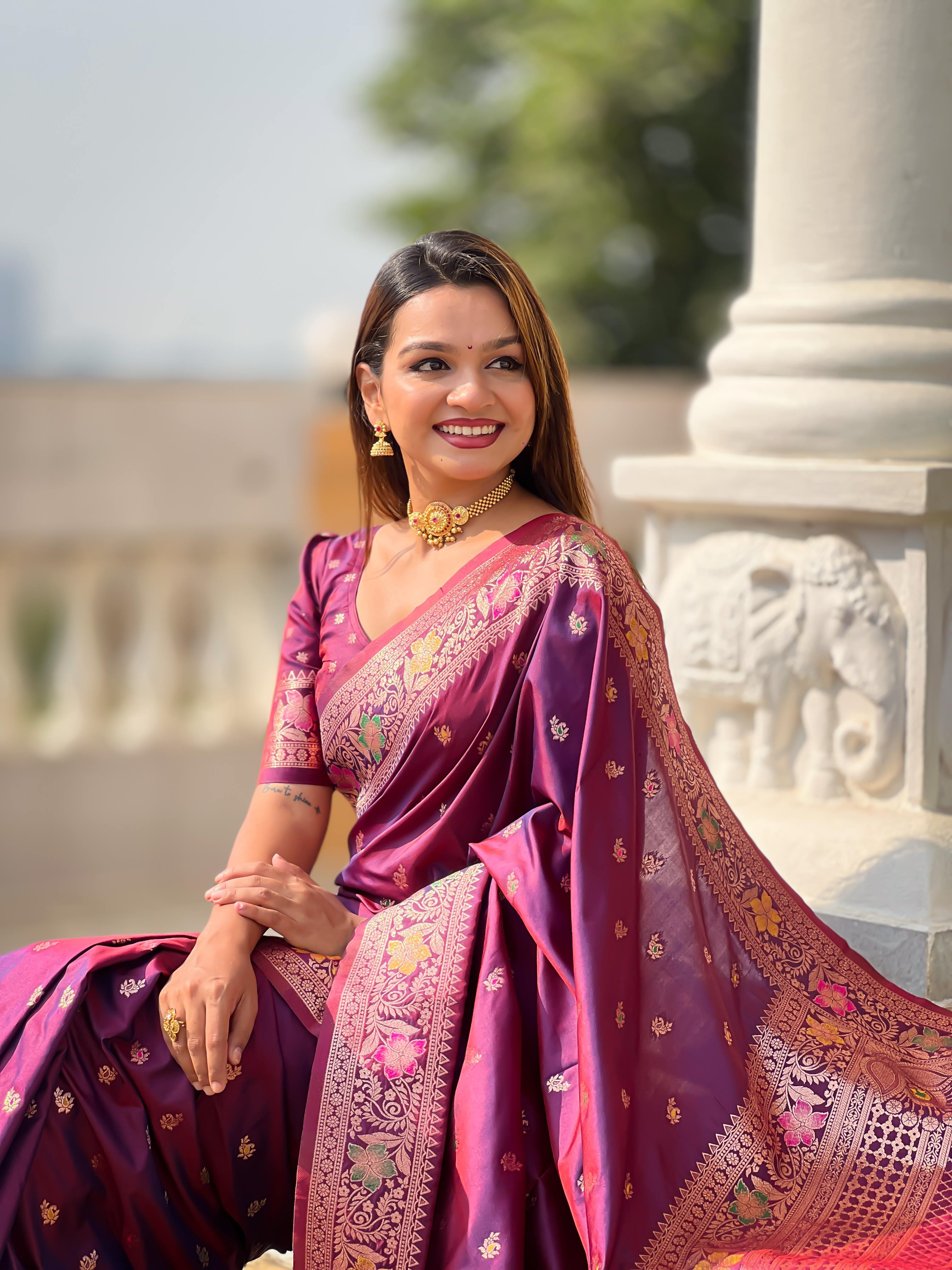 Wine Varni Fabrics Women Paisley Banarasi Silk Embellished Saree comes With Matching Blouse