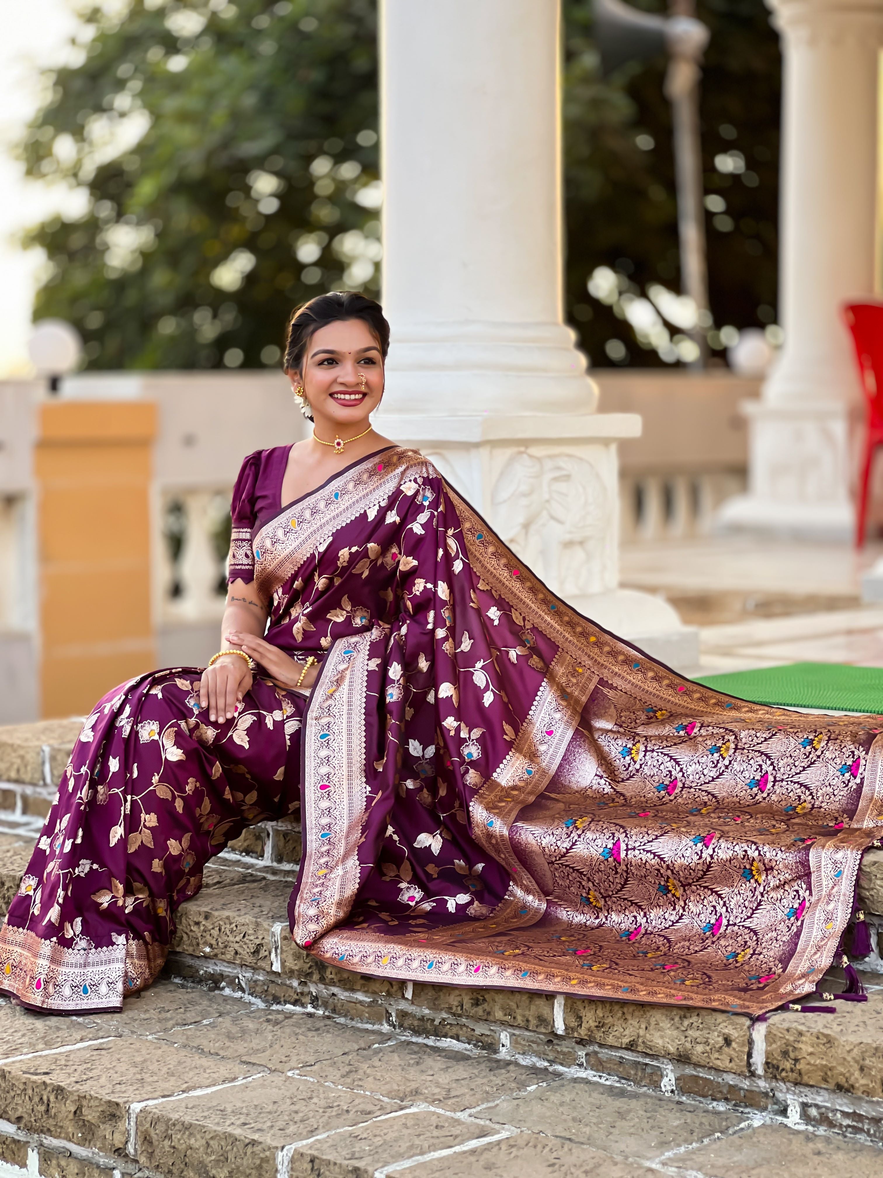Wine Varni Fabrics Women's Traditional Banarasi Silk Saree with Woven Design & Blouse