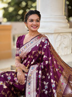 Wine Varni Fabrics Women's Traditional Banarasi Silk Saree with Woven Design & Blouse