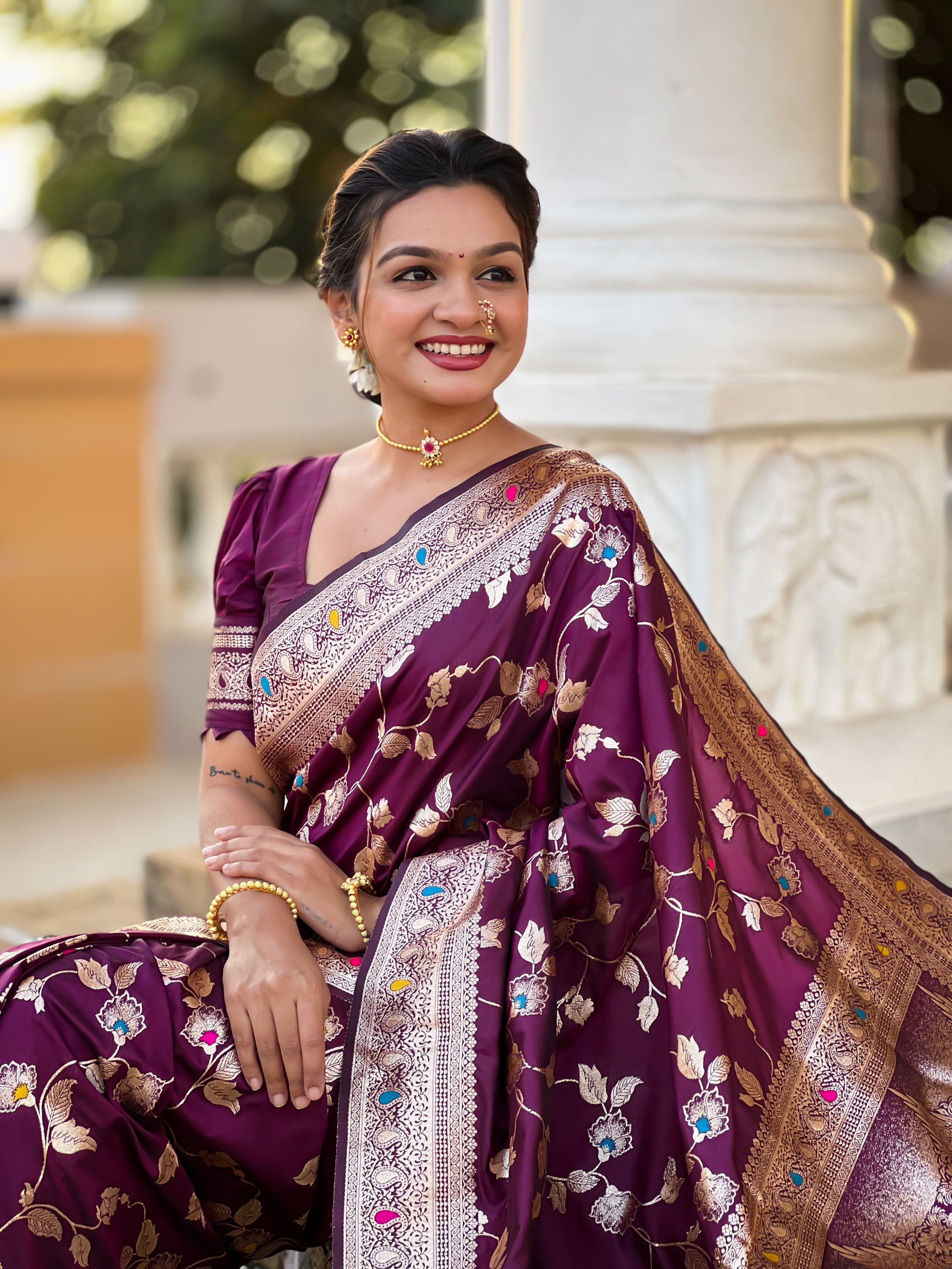Wine Varni Fabrics Women's Traditional Banarasi Silk Saree with Woven Design & Blouse