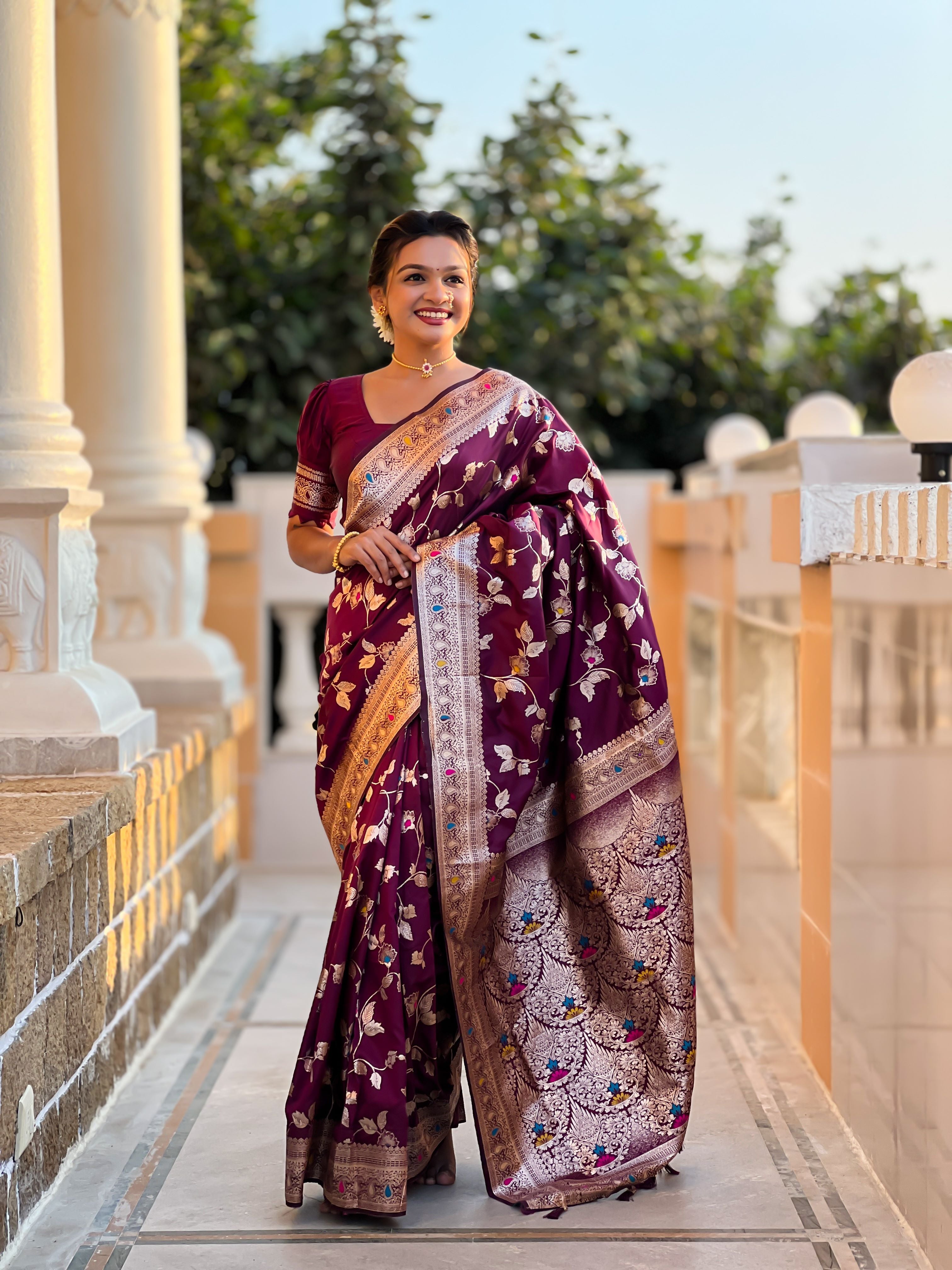 Wine Varni Fabrics Women's Traditional Banarasi Silk Saree with Woven Design & Blouse