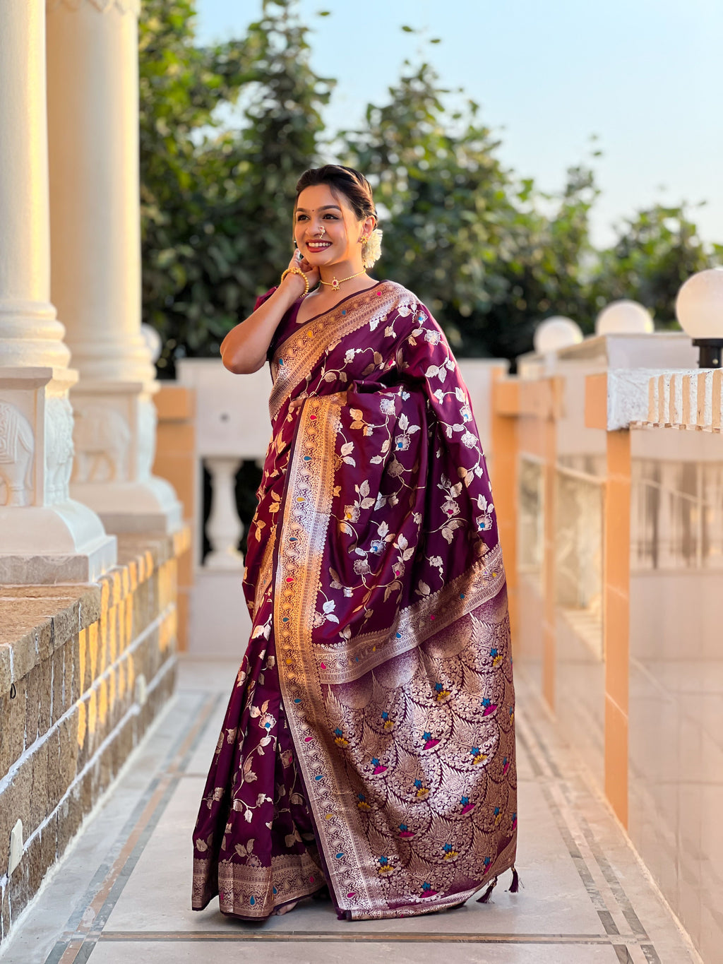 Wine Varni Fabrics Women's Traditional Banarasi Silk Saree with Woven Design & Blouse