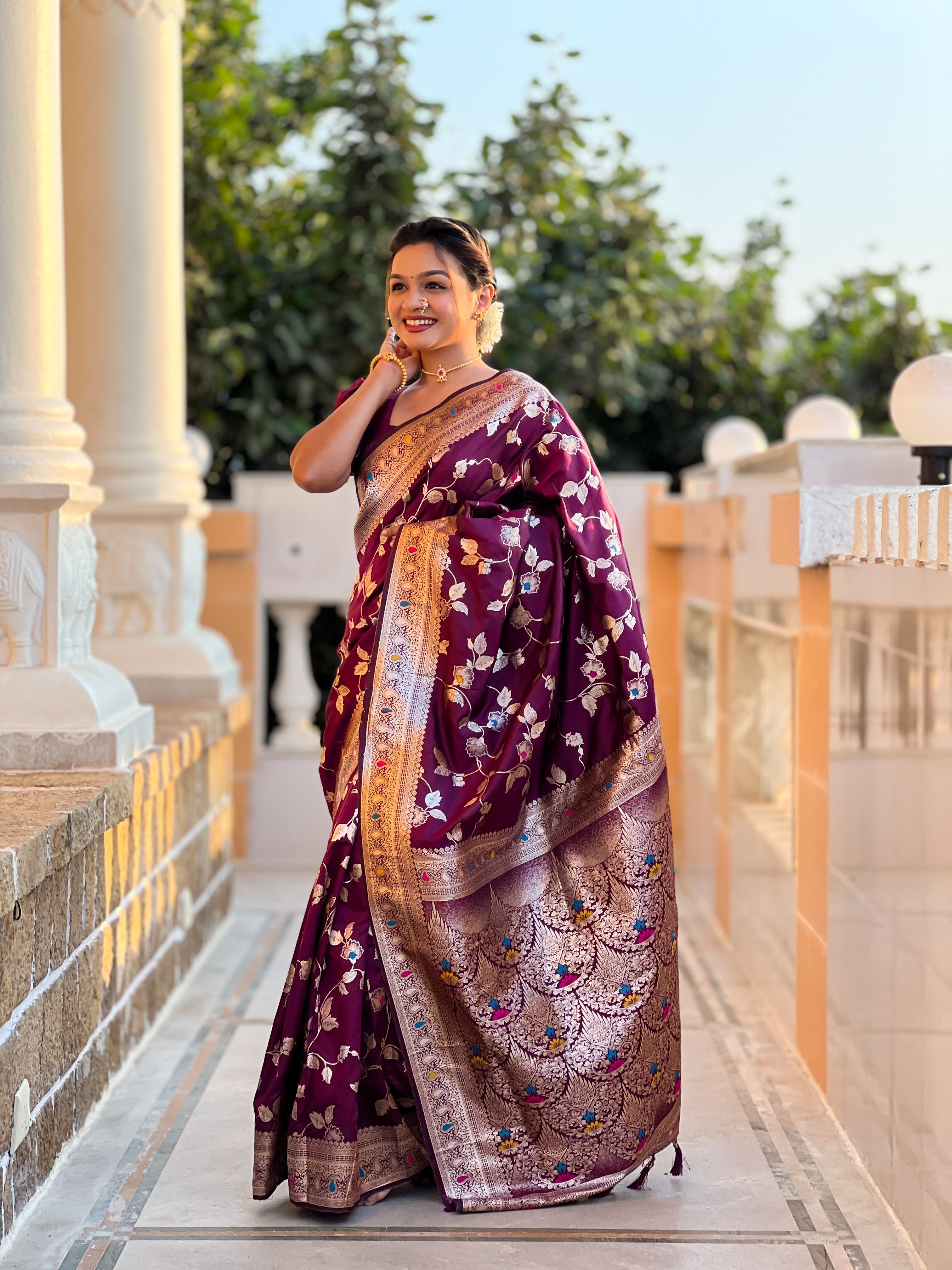 Wine Varni Fabrics Women's Traditional Banarasi Silk Saree with Woven Design & Blouse