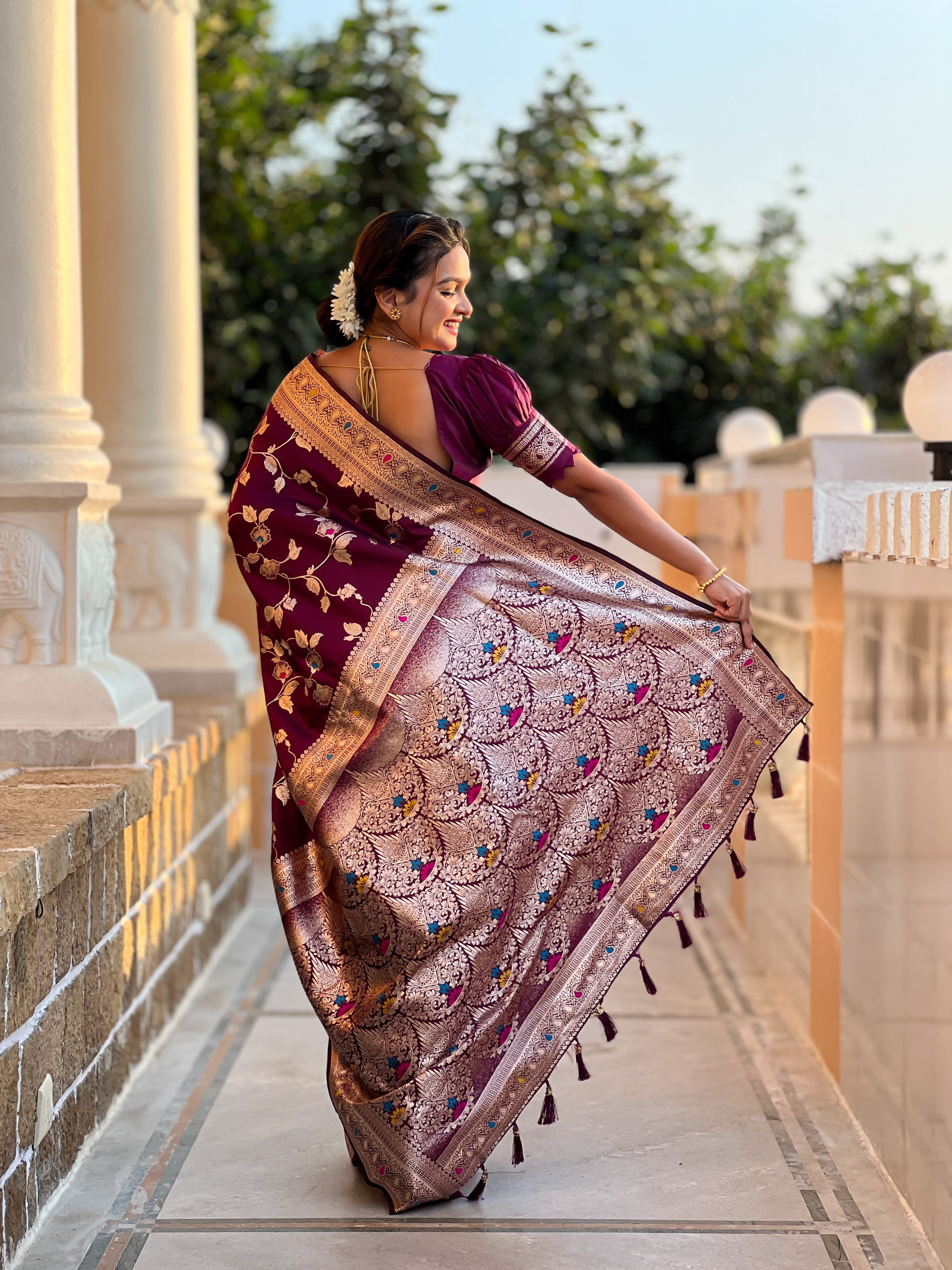 Wine Varni Fabrics Women's Traditional Banarasi Silk Saree with Woven Design & Blouse