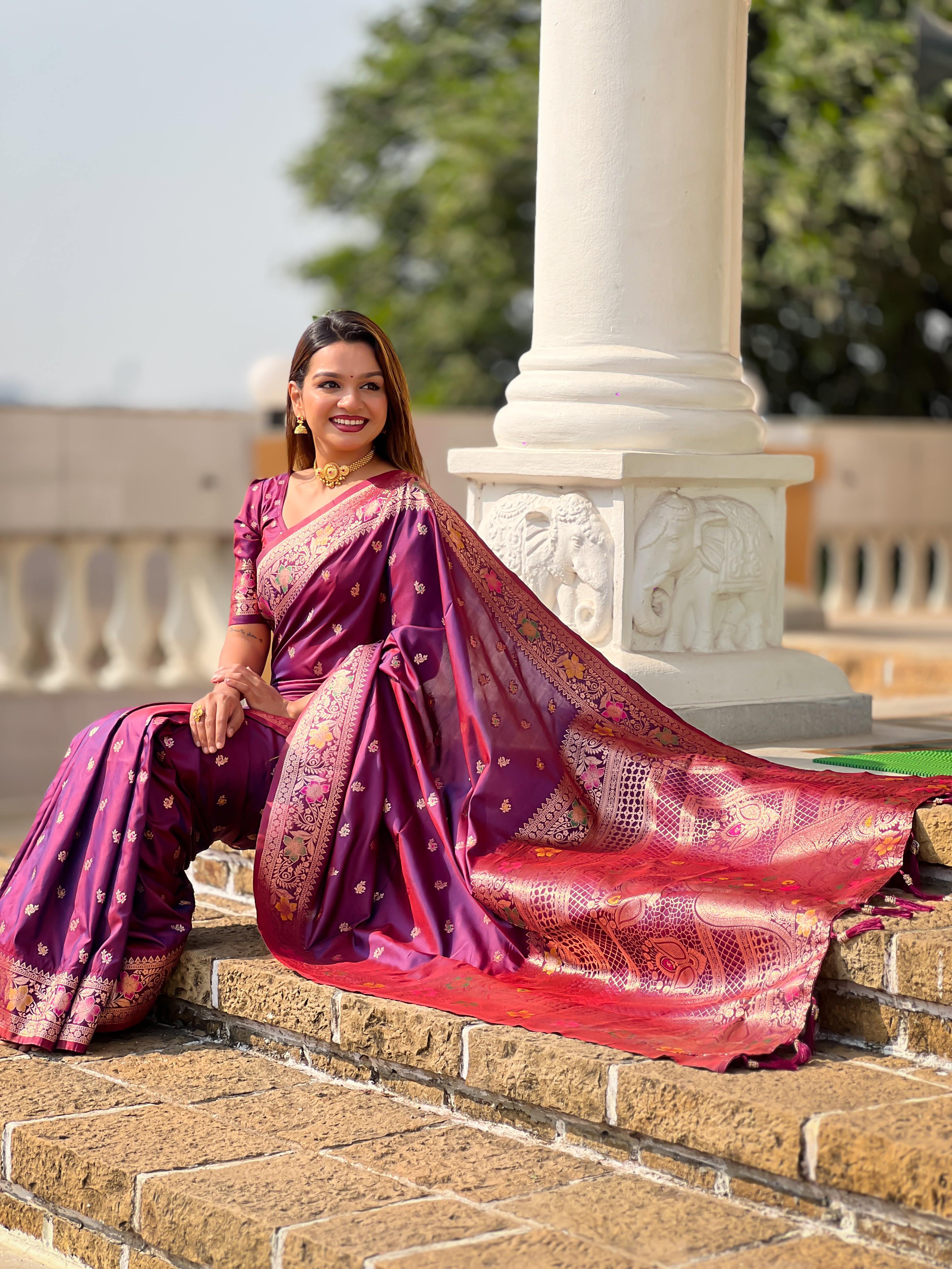 Wine Varni Fabrics Women Paisley Banarasi Silk Embellished Saree comes With Matching Blouse