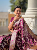 Wine Varni Fabrics Women Geometric Banarasi Silk Tassels and Latkans Saree comes With Matching Blouse