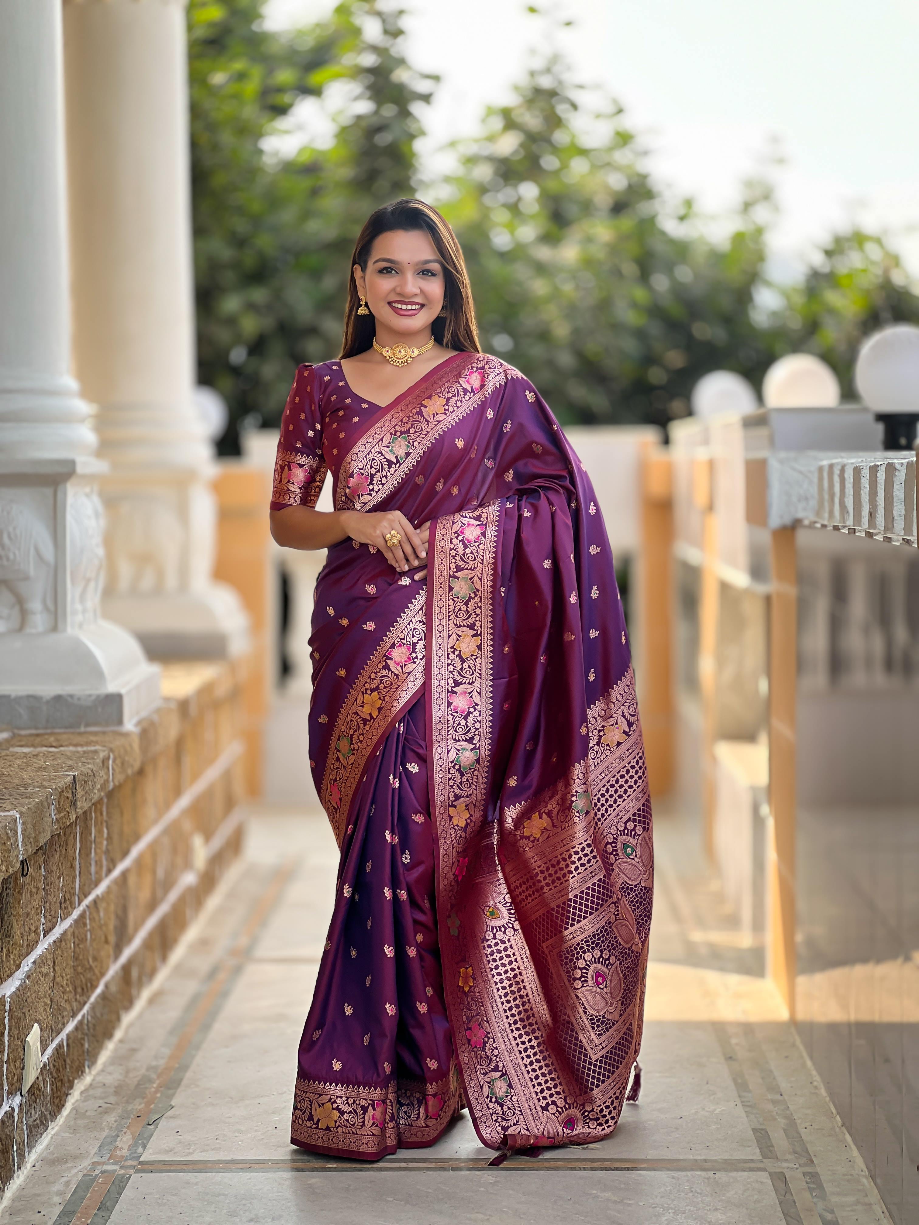 Wine Varni Fabrics Women Paisley Banarasi Silk Embellished Saree comes With Matching Blouse