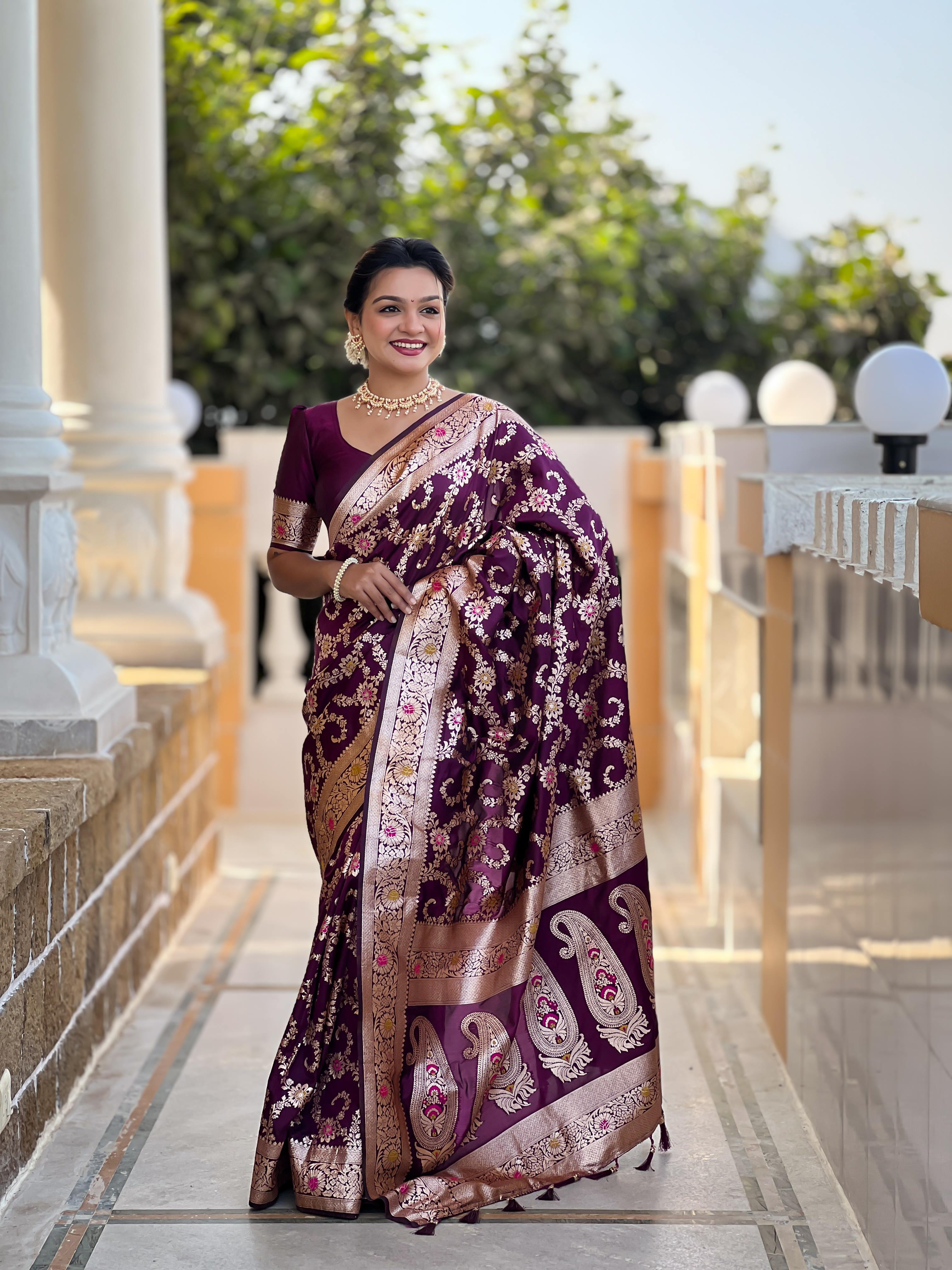 Wine Varni Fabrics Women Geometric Banarasi Silk Tassels and Latkans Saree comes With Matching Blouse