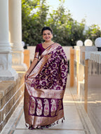 Wine Varni Fabrics Women Geometric Banarasi Silk Tassels and Latkans Saree comes With Matching Blouse