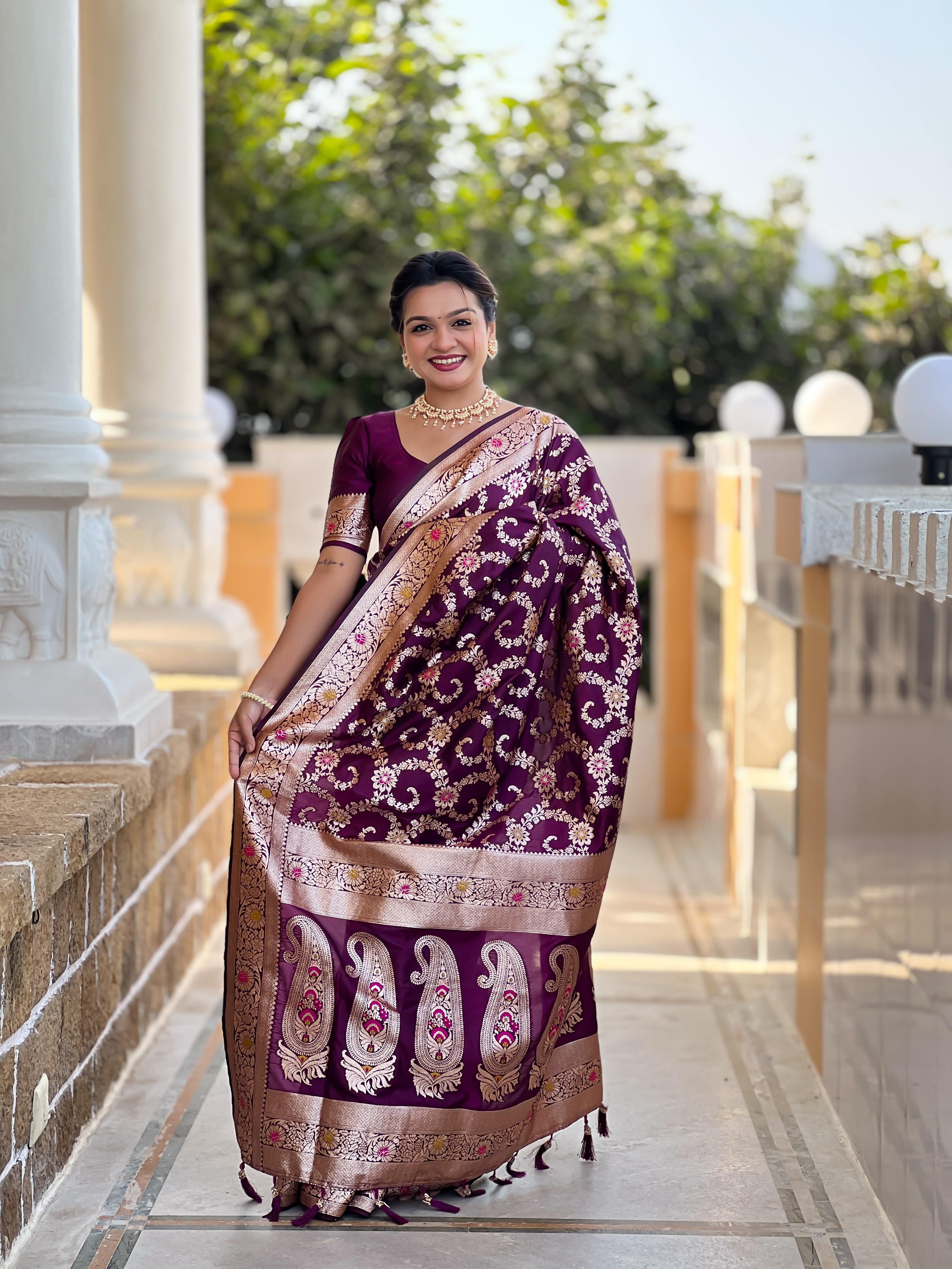 Wine Varni Fabrics Women Geometric Banarasi Silk Tassels and Latkans Saree comes With Matching Blouse