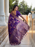 Wine Varni Fabrics Women Floral Banarasi Silk Woven Saree comes With Matching Blouse