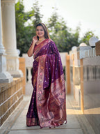 Wine Varni Fabrics Women Paisley Banarasi Silk Embellished Saree comes With Matching Blouse