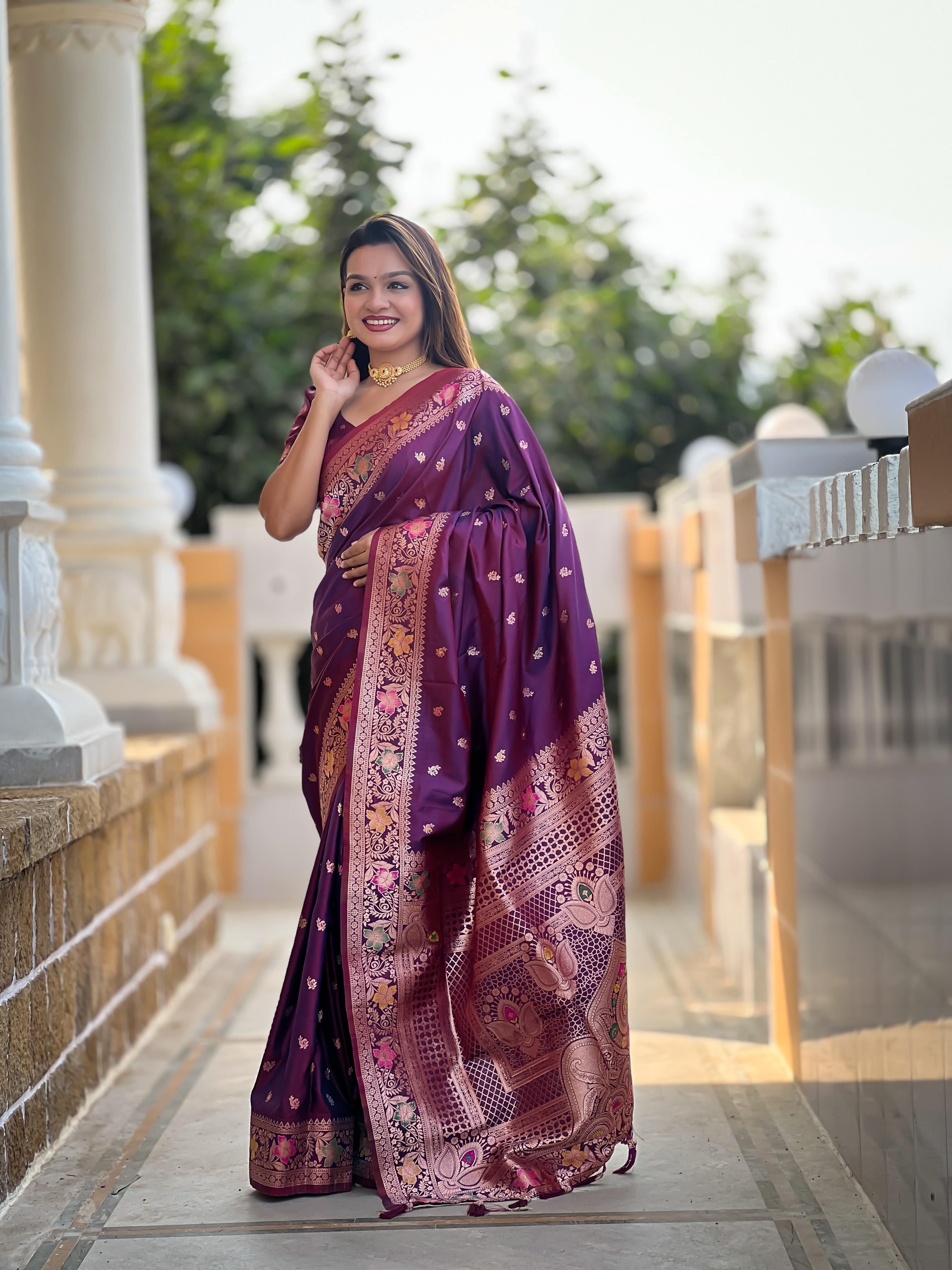 Wine Varni Fabrics Women Paisley Banarasi Silk Embellished Saree comes With Matching Blouse