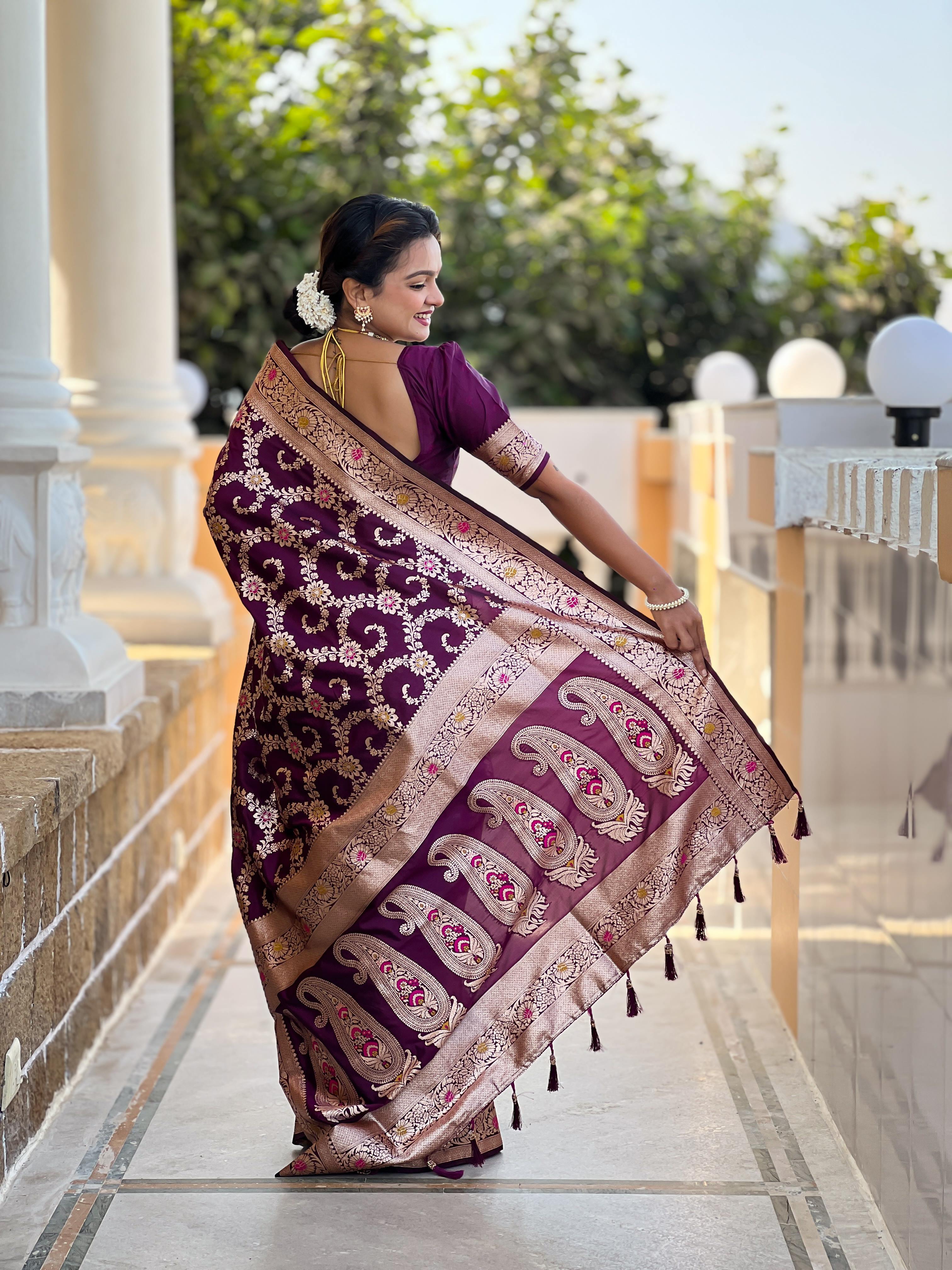 Wine Varni Fabrics Women Geometric Banarasi Silk Tassels and Latkans Saree comes With Matching Blouse