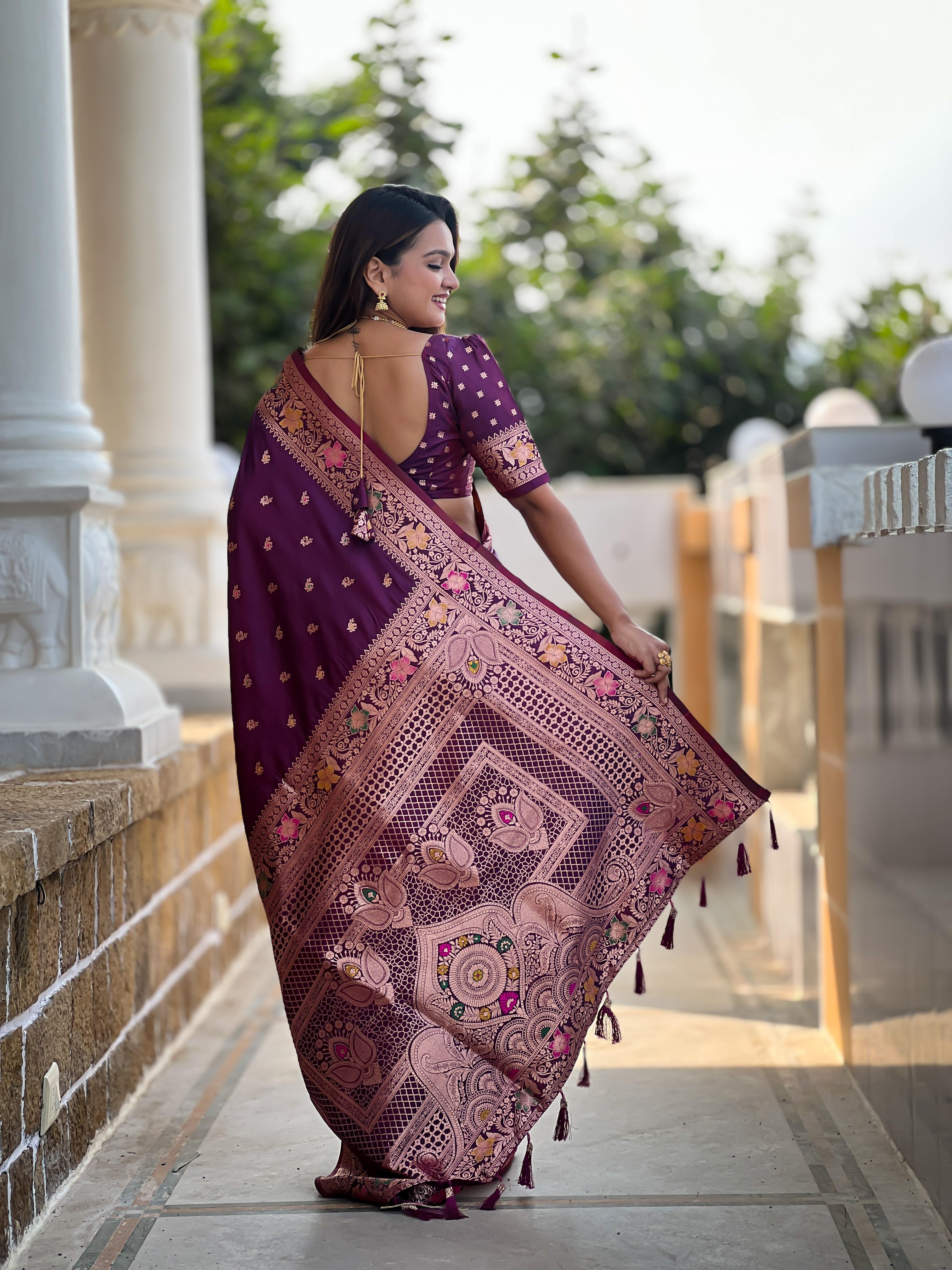 Wine Varni Fabrics Women Paisley Banarasi Silk Embellished Saree comes With Matching Blouse