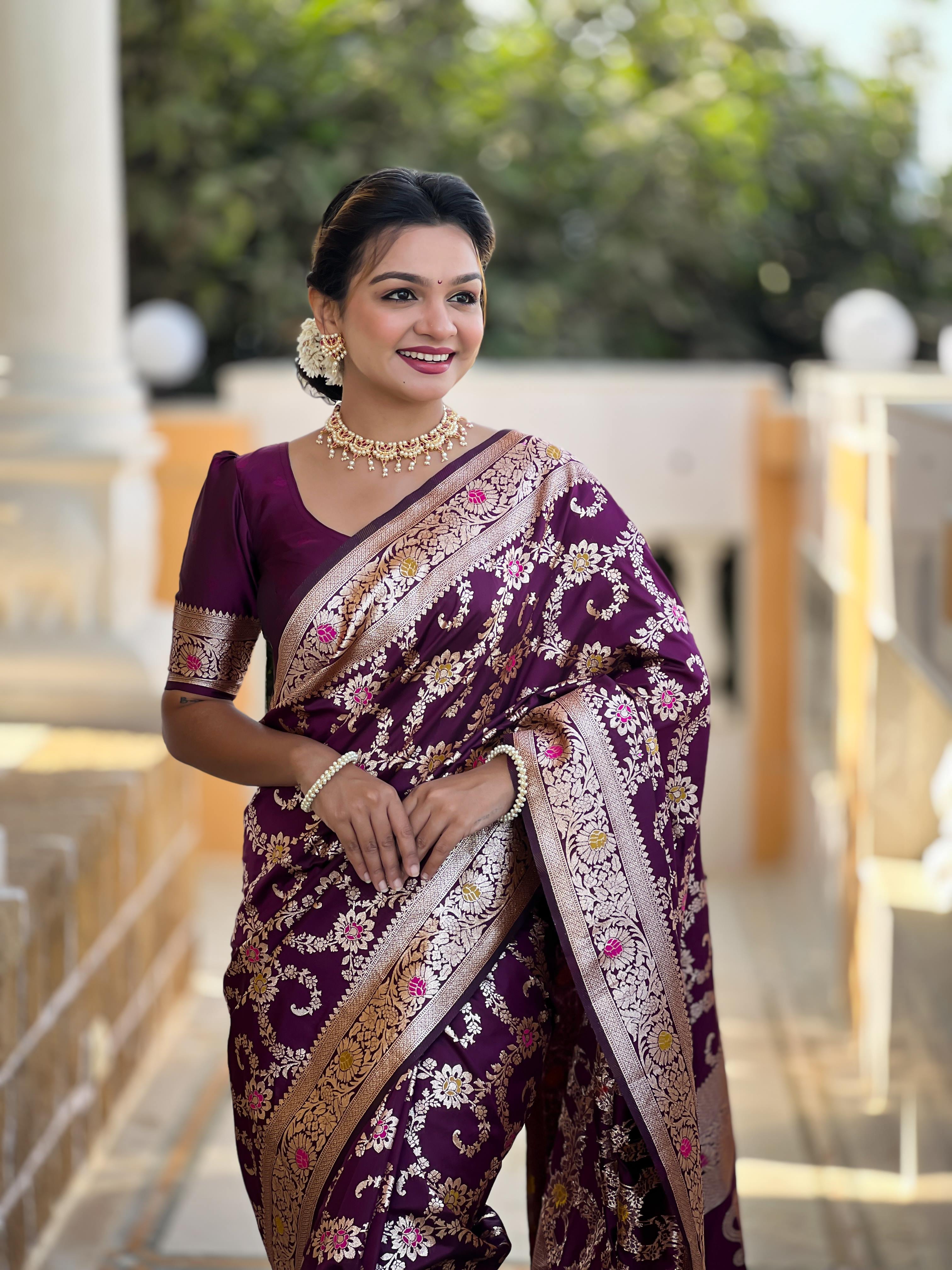 Wine Varni Fabrics Women Geometric Banarasi Silk Tassels and Latkans Saree comes With Matching Blouse