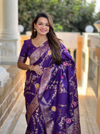 Wine Varni Fabrics Women Floral Banarasi Silk Woven Saree comes With Matching Blouse