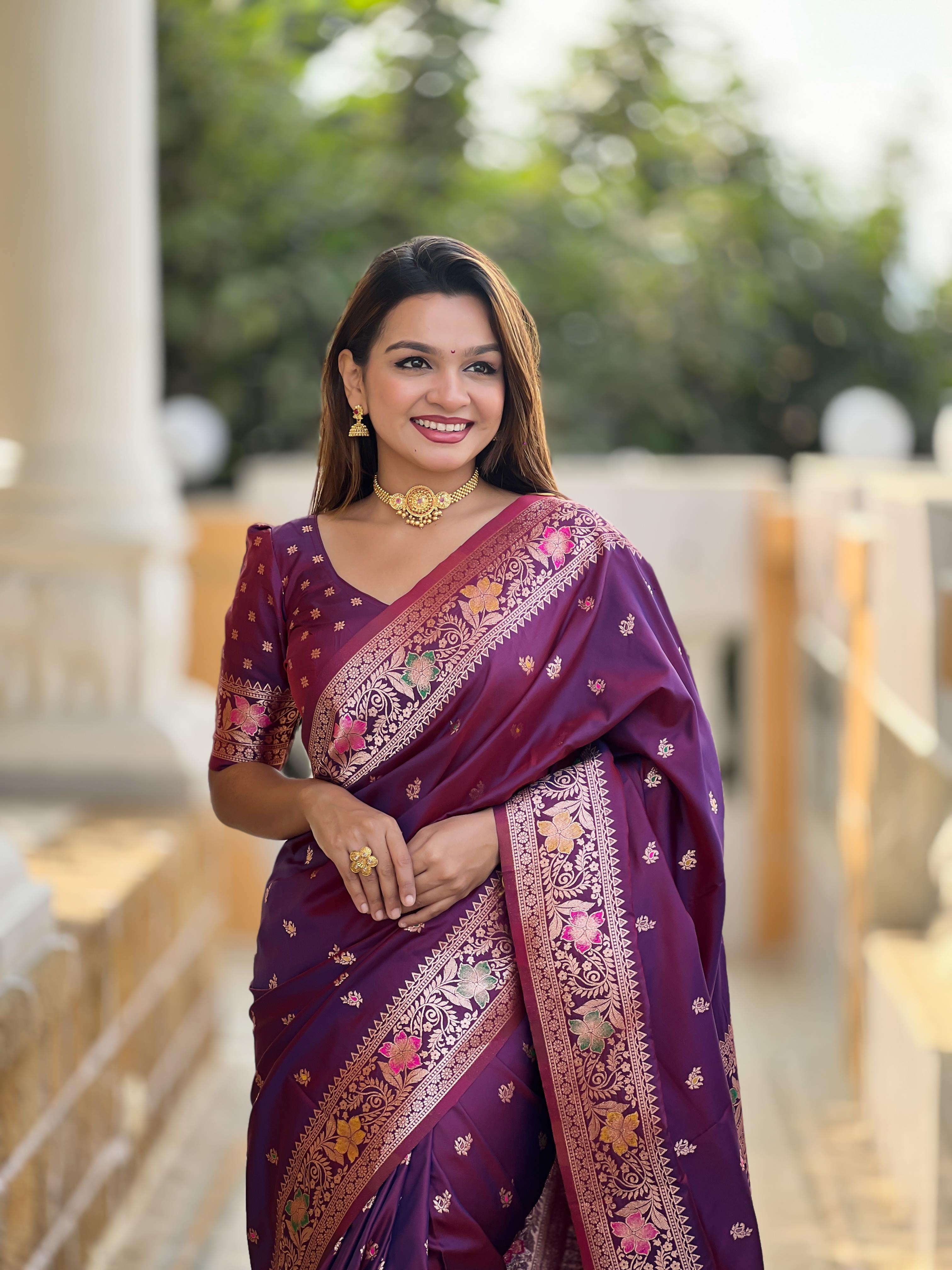 Wine Varni Fabrics Women Paisley Banarasi Silk Embellished Saree comes With Matching Blouse