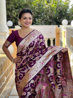Wine Varni Fabrics Women Geometric Banarasi Silk Tassels and Latkans Saree comes With Matching Blouse