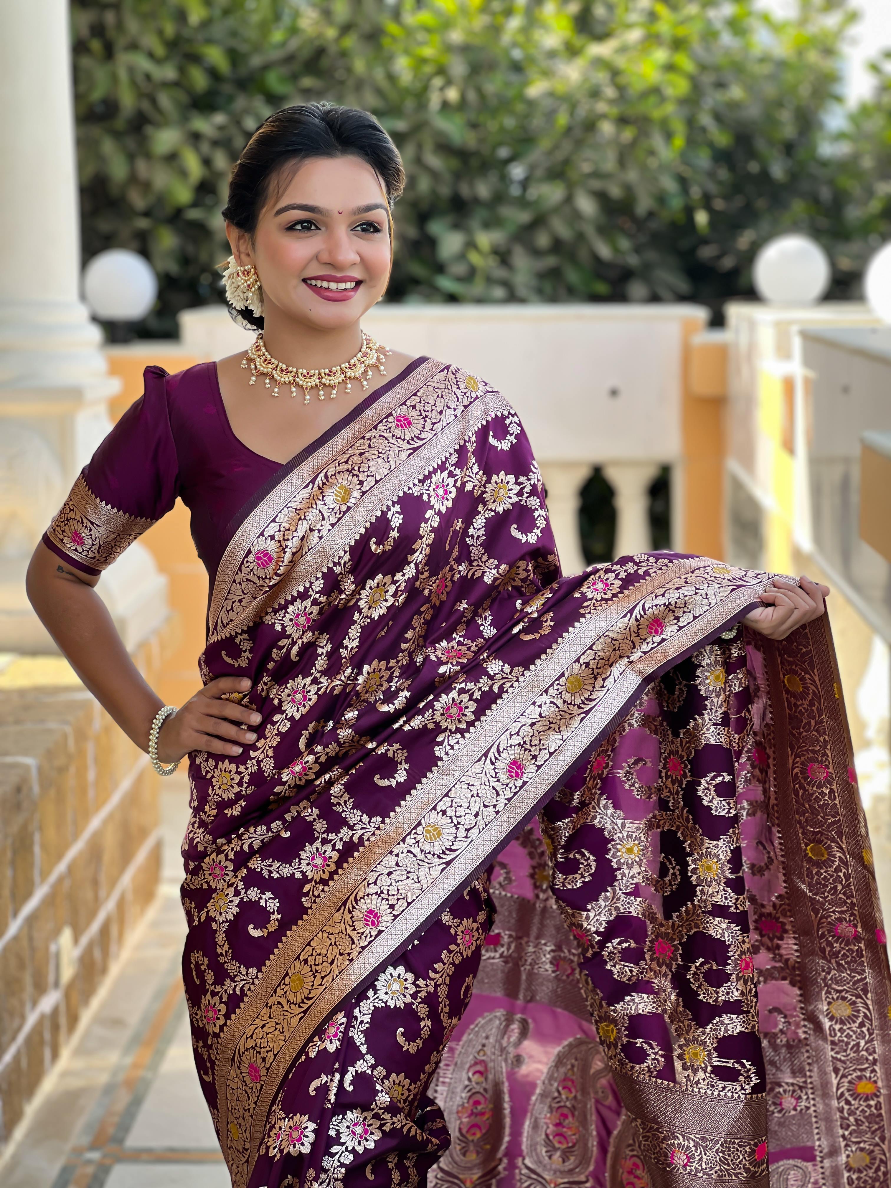 Wine Varni Fabrics Women Geometric Banarasi Silk Tassels and Latkans Saree comes With Matching Blouse