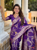 Wine Varni Fabrics Women Floral Banarasi Silk Woven Saree comes With Matching Blouse