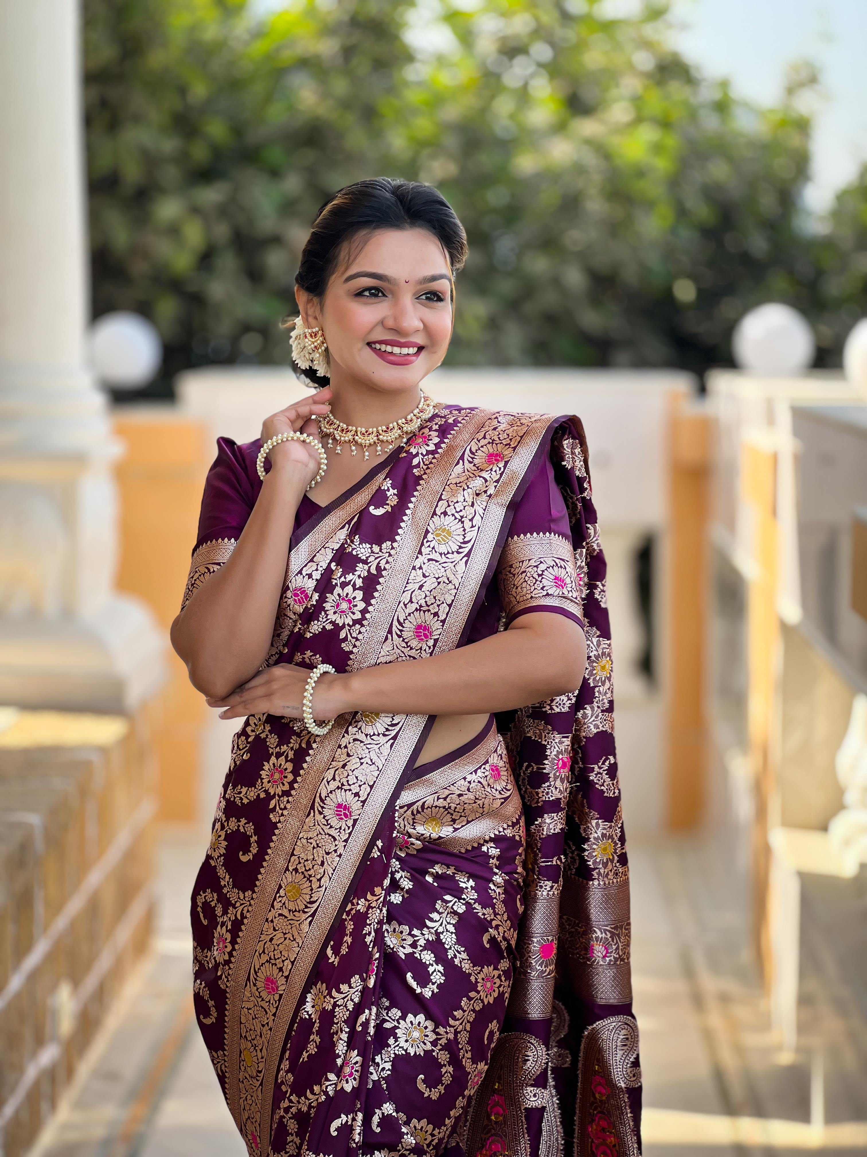 Wine Varni Fabrics Women Geometric Banarasi Silk Tassels and Latkans Saree comes With Matching Blouse