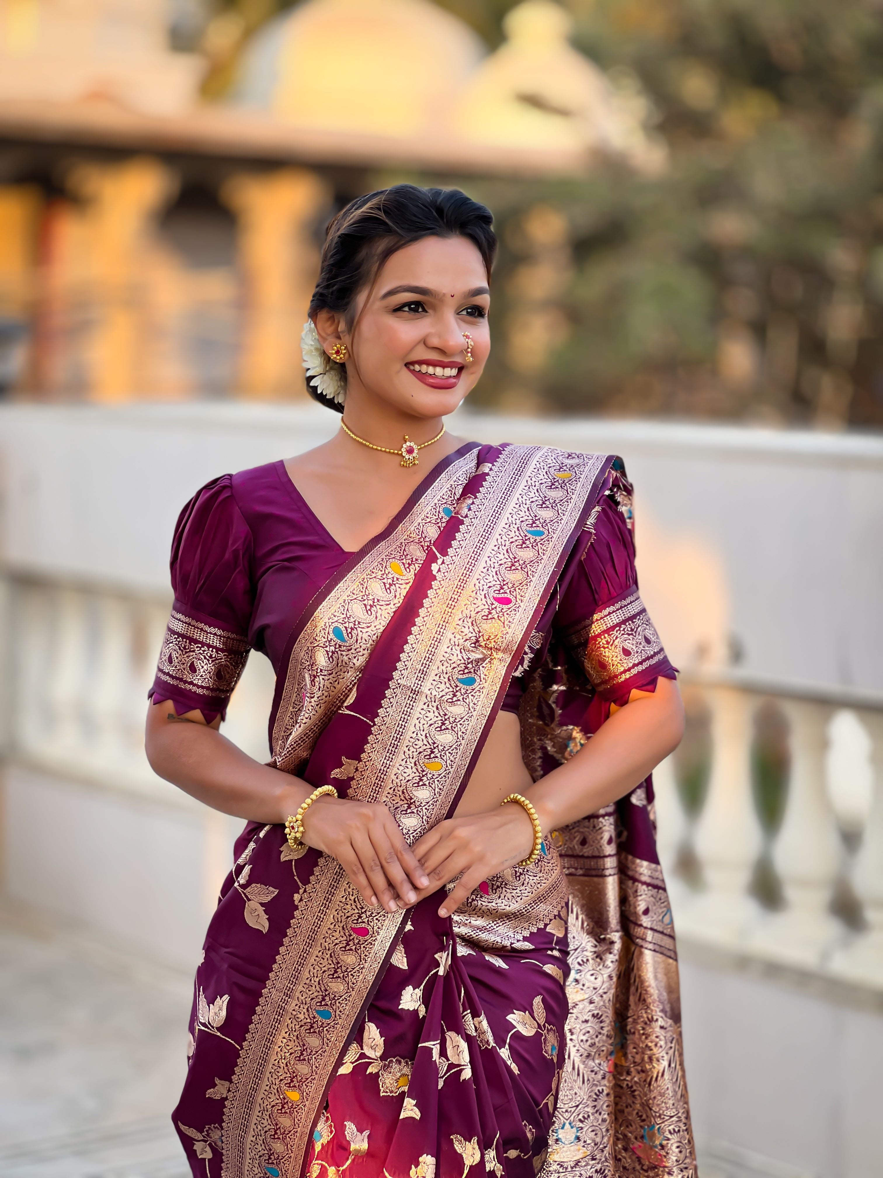 Wine Varni Fabrics Women's Traditional Banarasi Silk Saree with Woven Design & Blouse