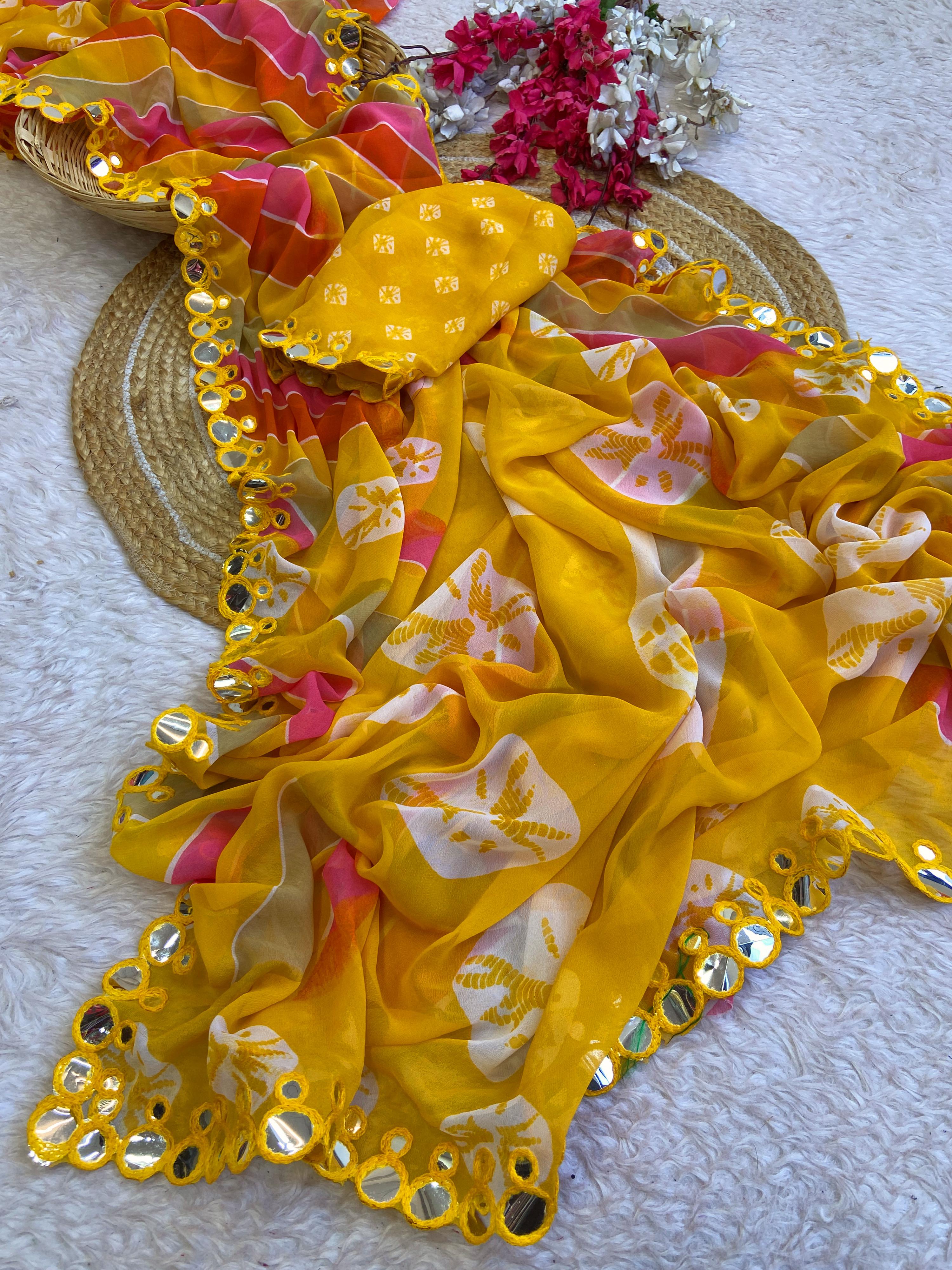 Vibrant Bandhani Print Yellow Saree with Mirror Work Border – Festive & Ethnic Wear