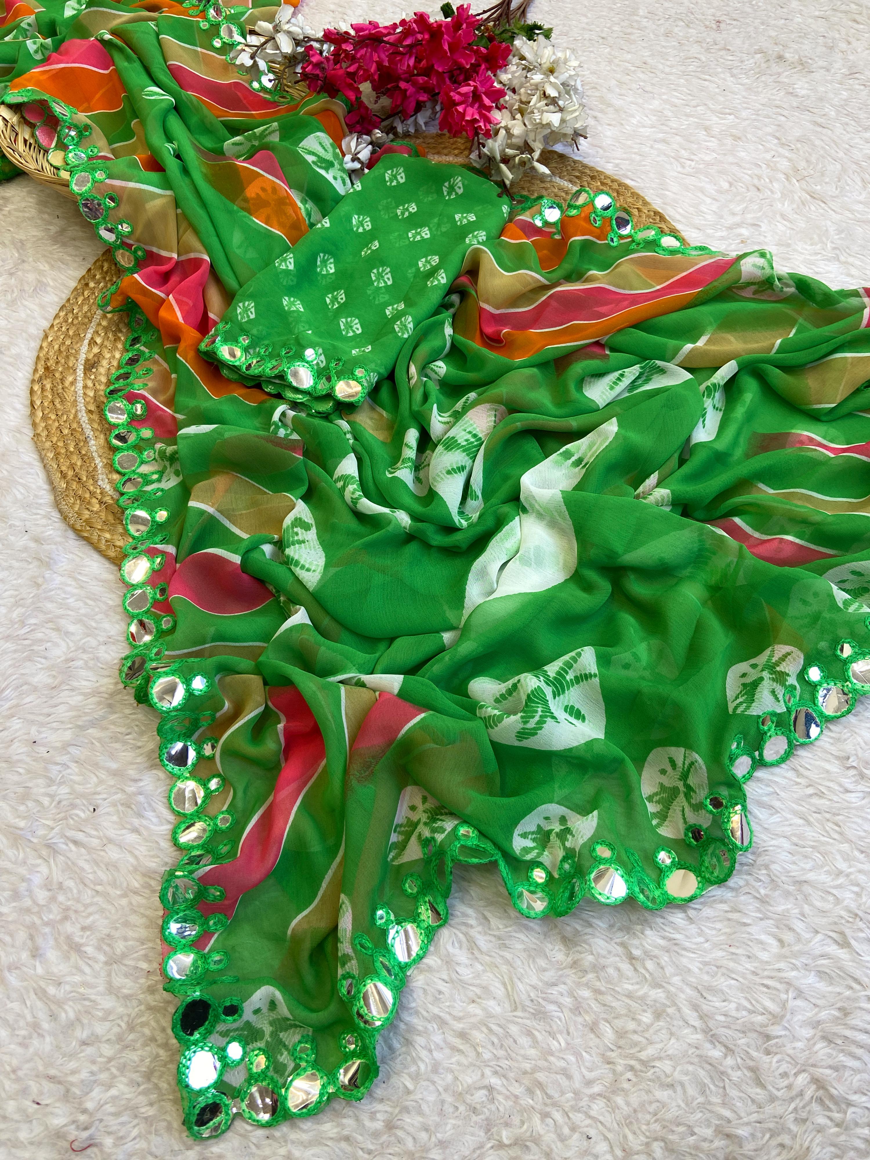 Vibrant Bandhani Print Green Saree with Mirror Work Border – Festive & Ethnic Wear