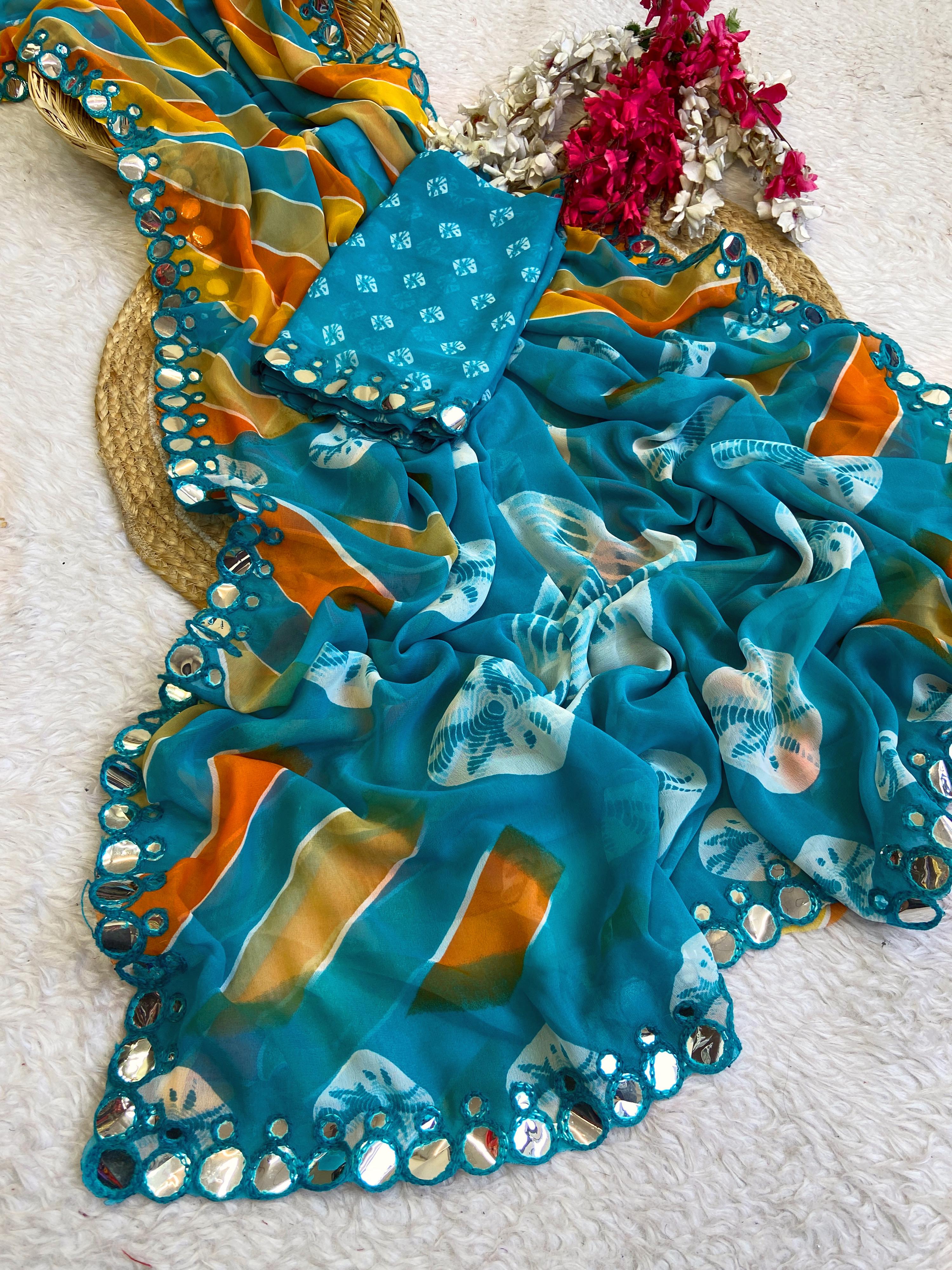 Vibrant Bandhani Print Teal Saree with Mirror Work Border – Festive & Ethnic Wear