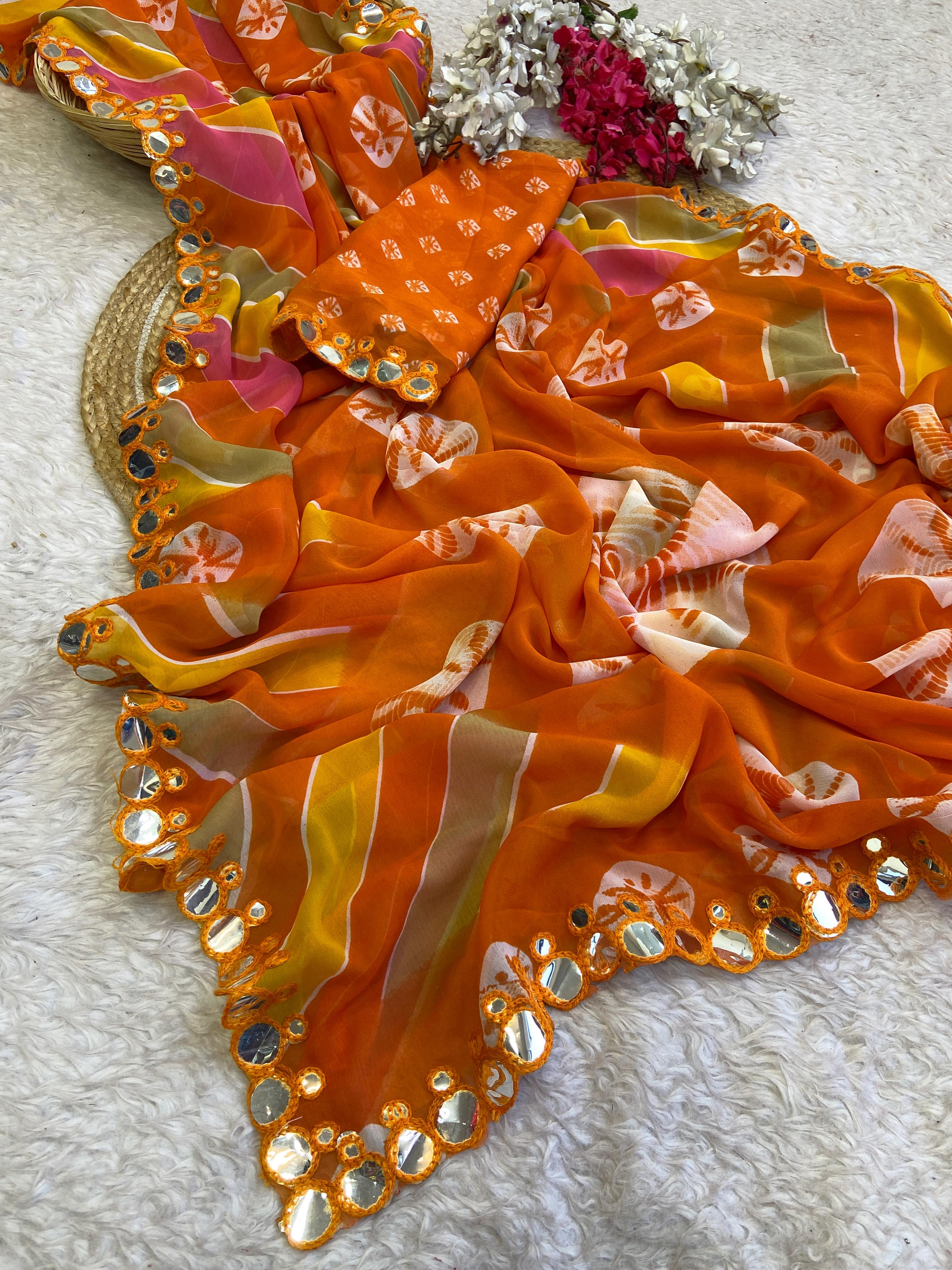 Vibrant Bandhani Print Orange Saree with Mirror Work Border – Festive & Ethnic Wear (Copy)