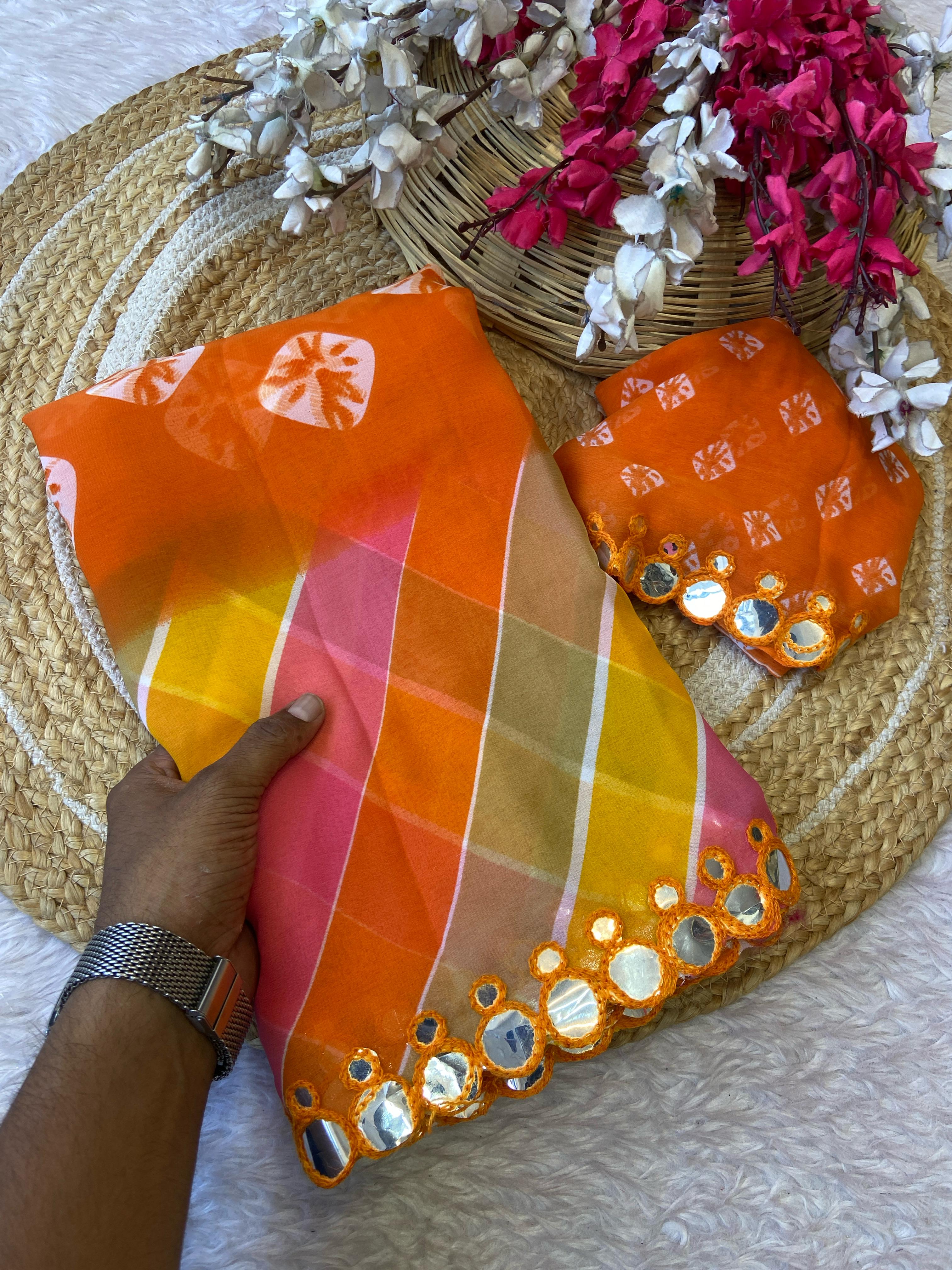 Vibrant Bandhani Print Orange Saree with Mirror Work Border – Festive & Ethnic Wear (Copy)