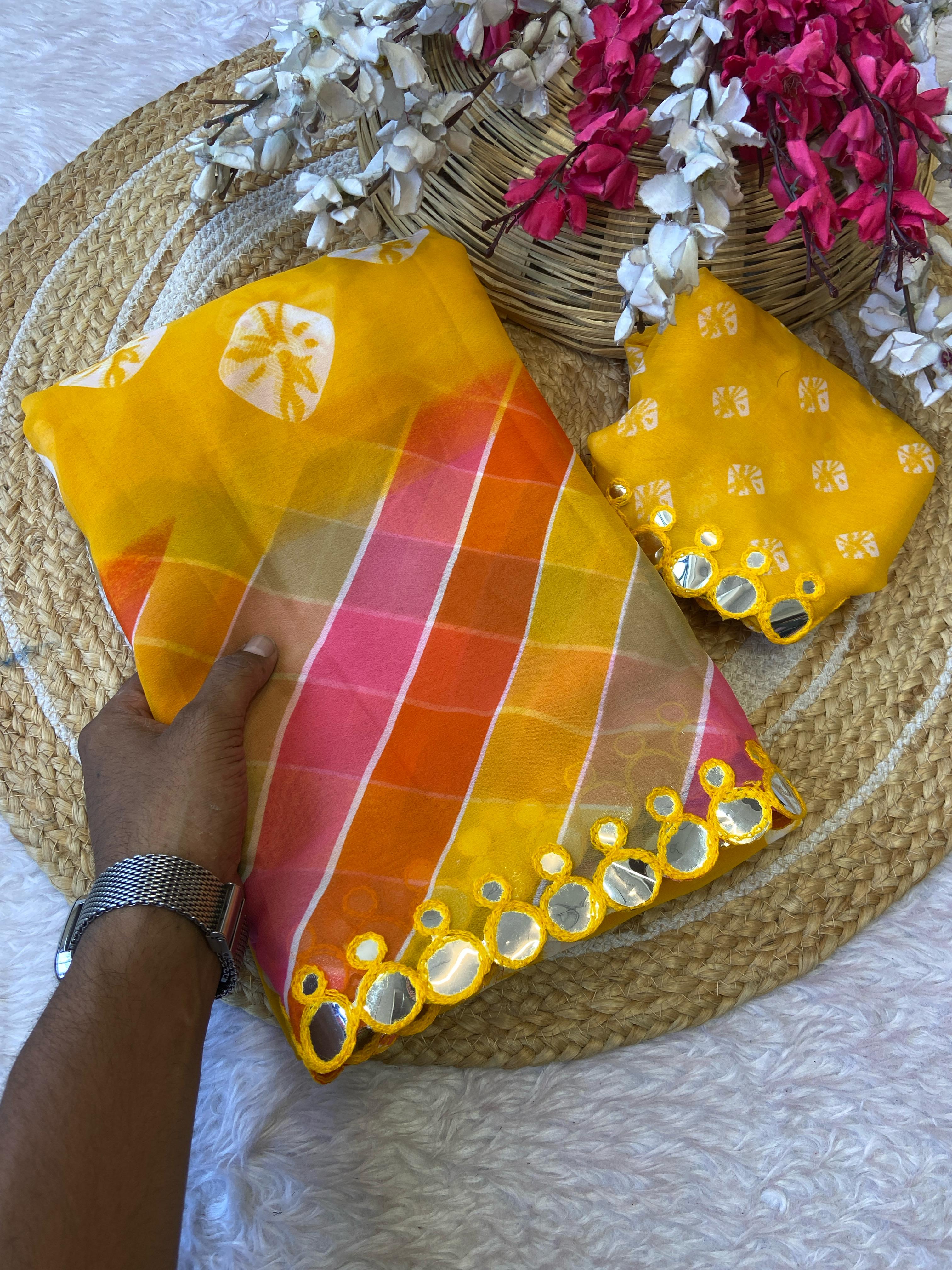 Vibrant Bandhani Print Yellow Saree with Mirror Work Border – Festive & Ethnic Wear