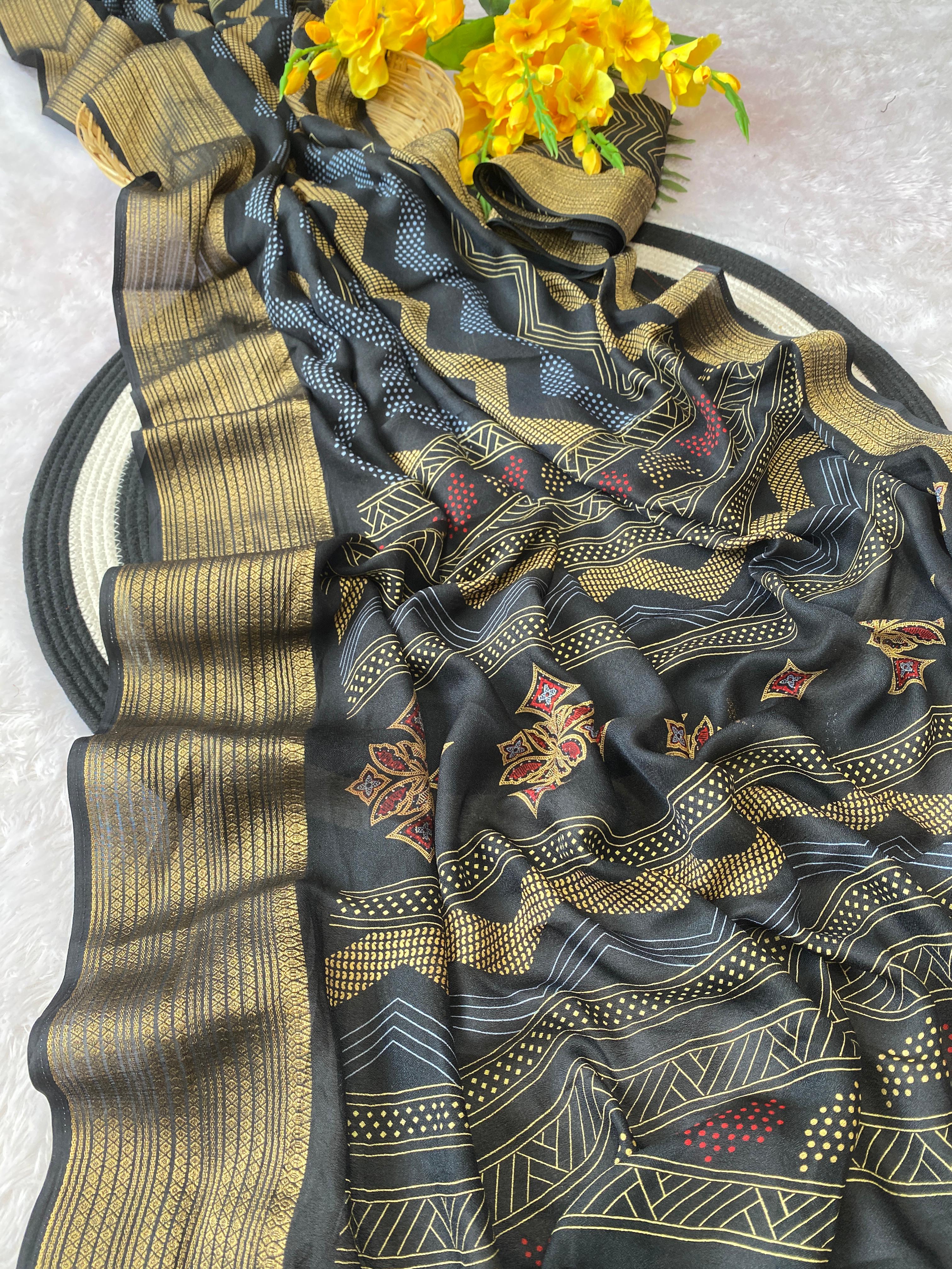 Elegant Banarasi Style Black Saree with Traditional Gold Woven Border and Motifs