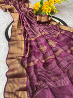 Elegant Banarasi Style Wine Saree with Traditional Gold Woven Border and Motifs